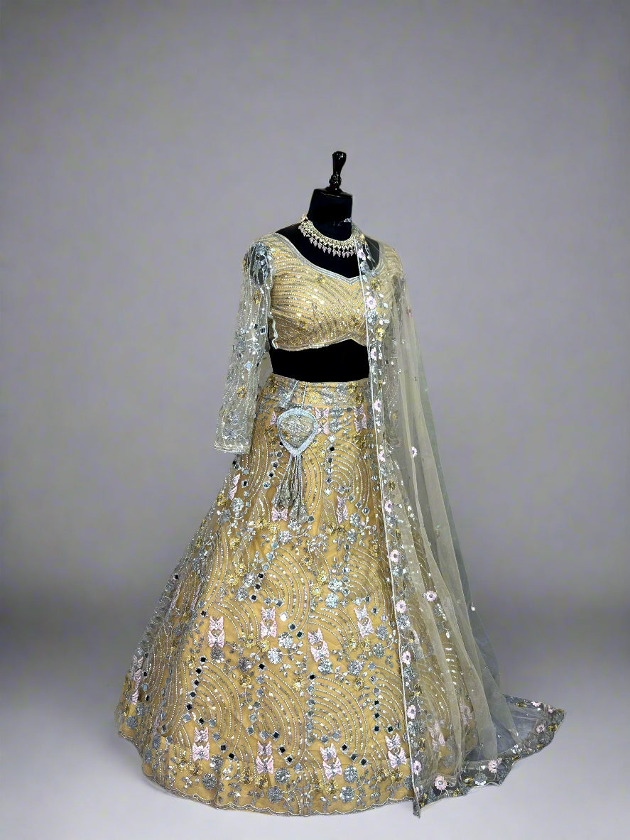Soft Butterfly Net Lehenga with Real Mirror Embroidery Sequins Work – Semi-Stitched Set