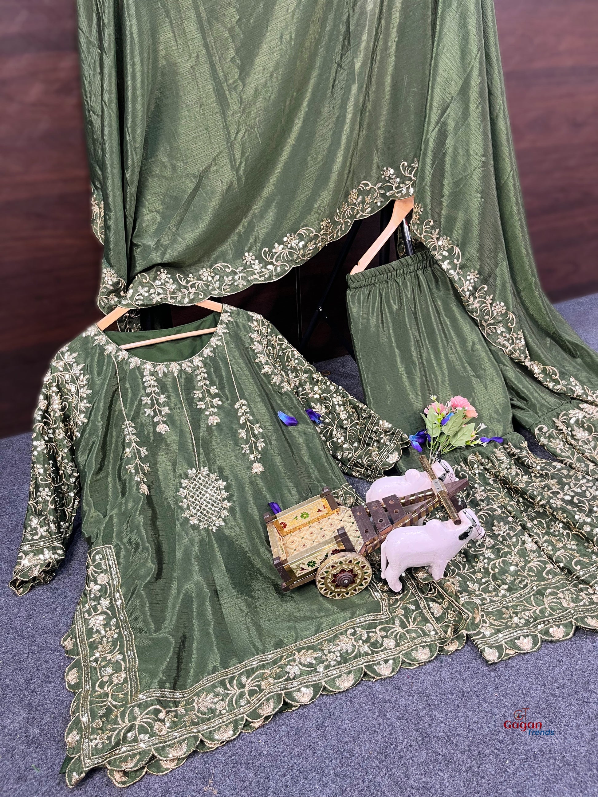 Elegant Chinon Silk Plazo Set with Embroidery Sequins Work