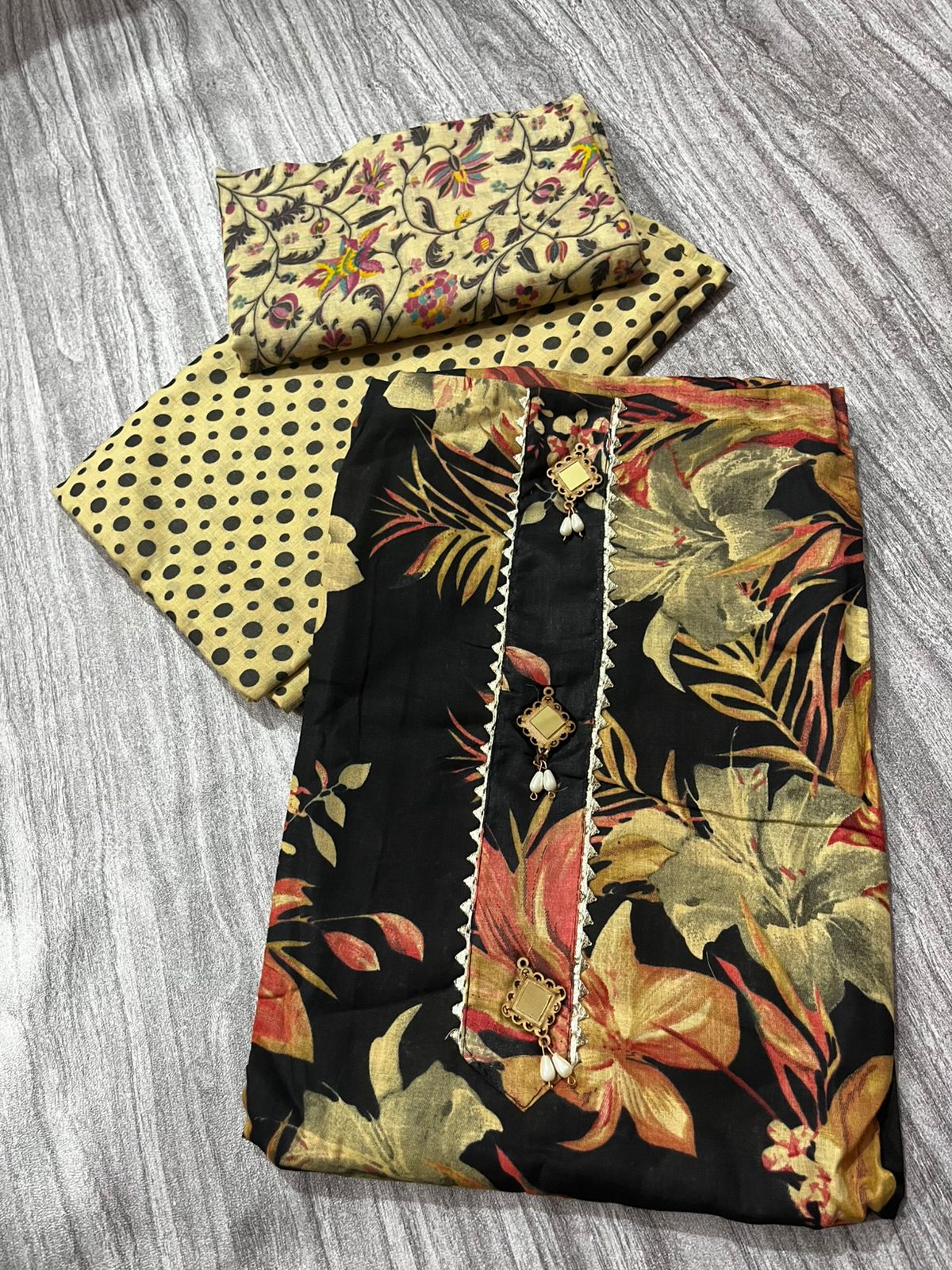 Black & Beige Floral Cotton 3-Piece fabric Suit