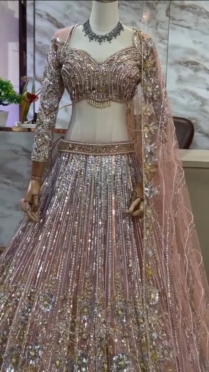 Soft Net Embroidery Sequins Lehenga Set – Semi-Stitched with Dupatta
