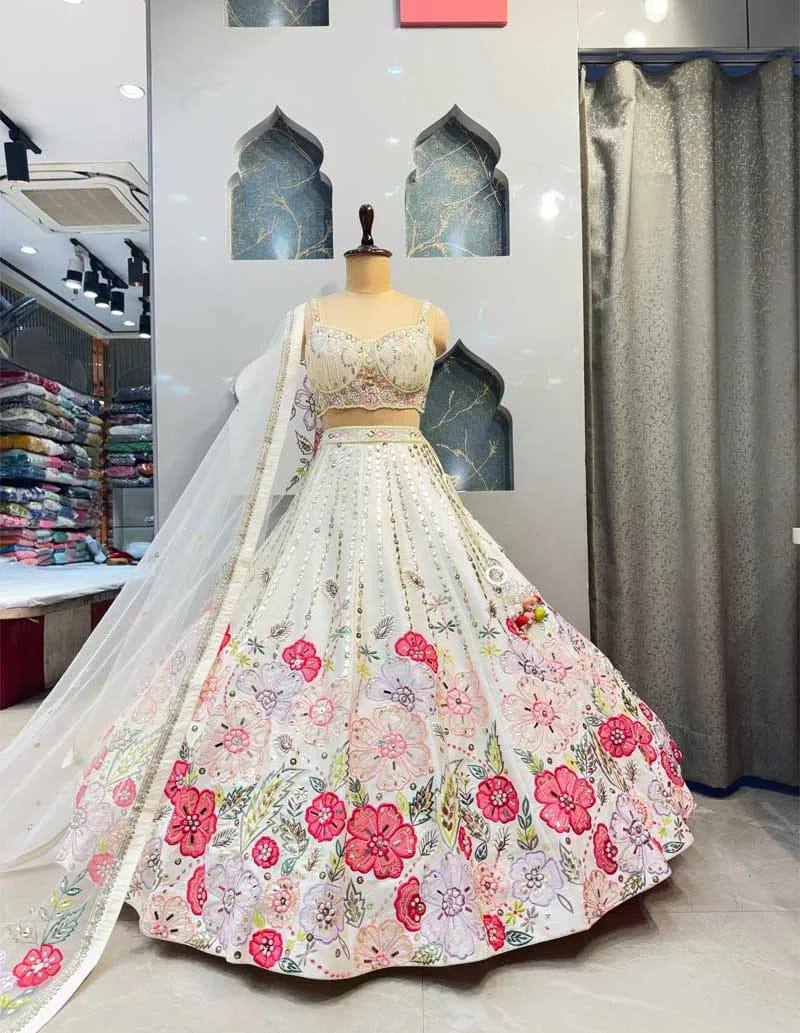 Graceful Glam: Embroidered Fox Georgette Lehenga Set with Mirror Work