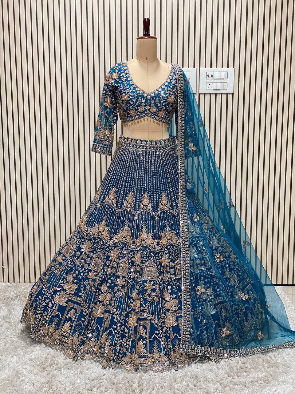 Powder Blue Uniquely Designed Heavy Embroidered Lehenga Set - Clearance
