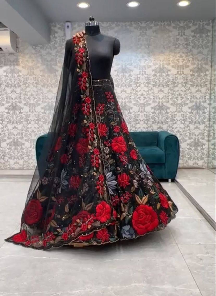 Trendy black Soft Mono Net lehenga with Embroidered Work With Cancan and designer blouse