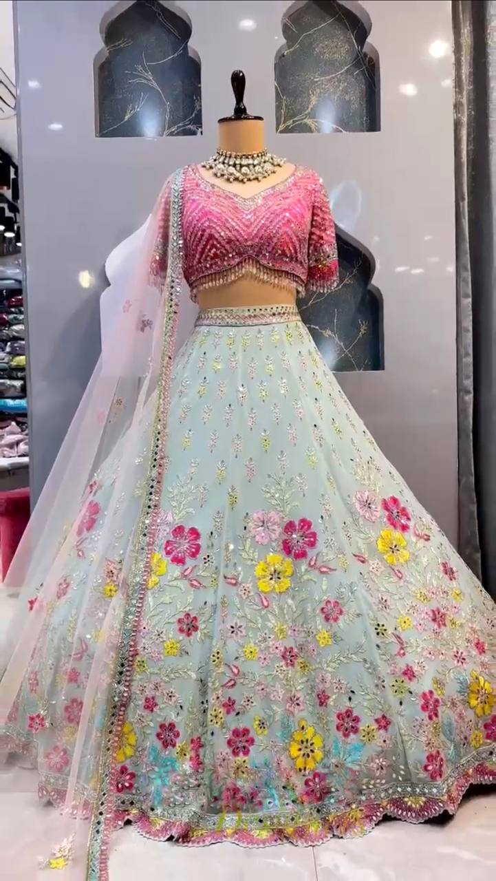 Fox Georgette Lehenga with Real Mirror Sequins Embroidery & Net Dupatta ā Semi-Stitched Partywear Set