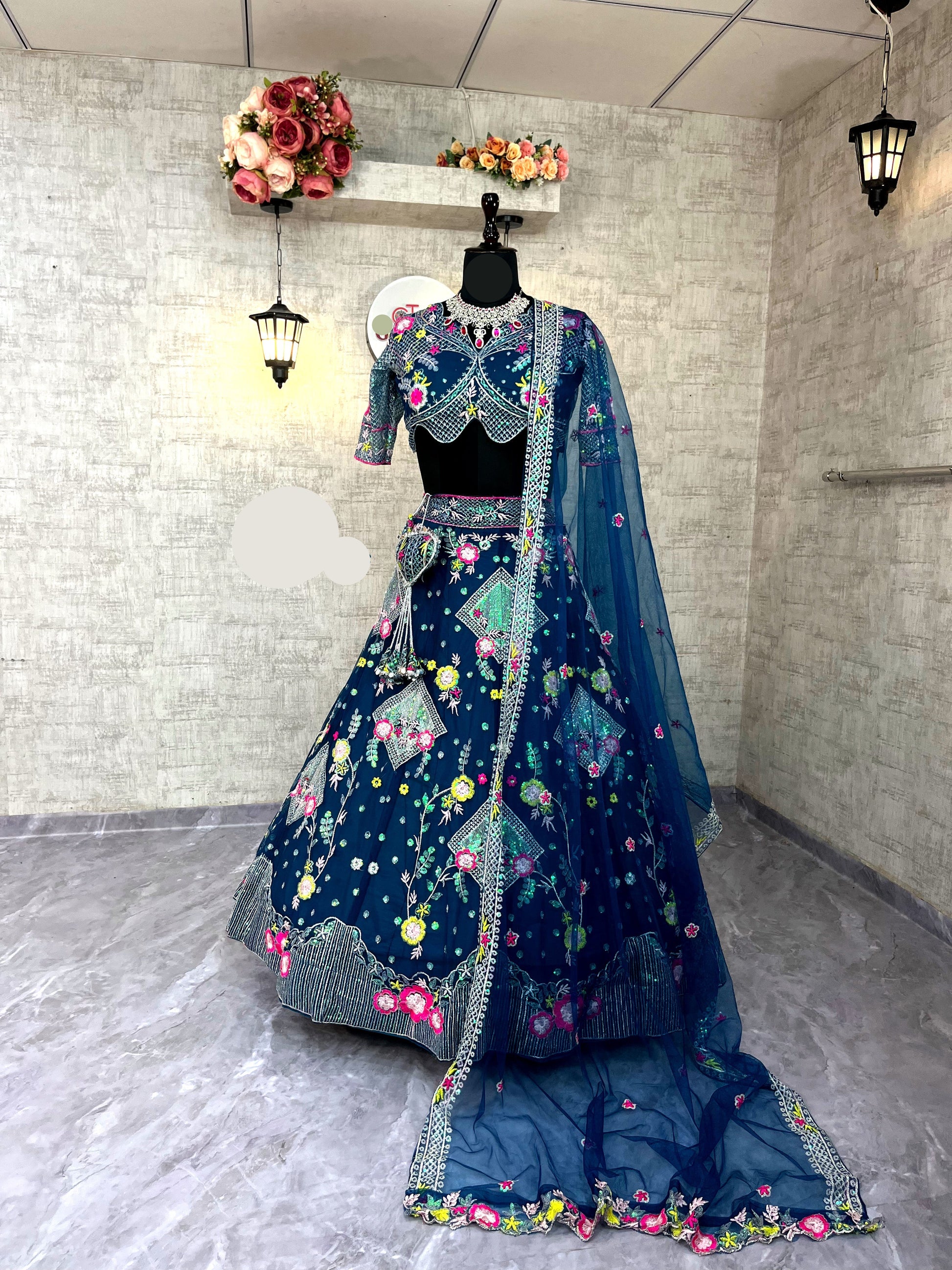 Butterfly Net Lehenga with Sequins Embroidery & Blouse – Semi-Stitched Designer Partywear Set