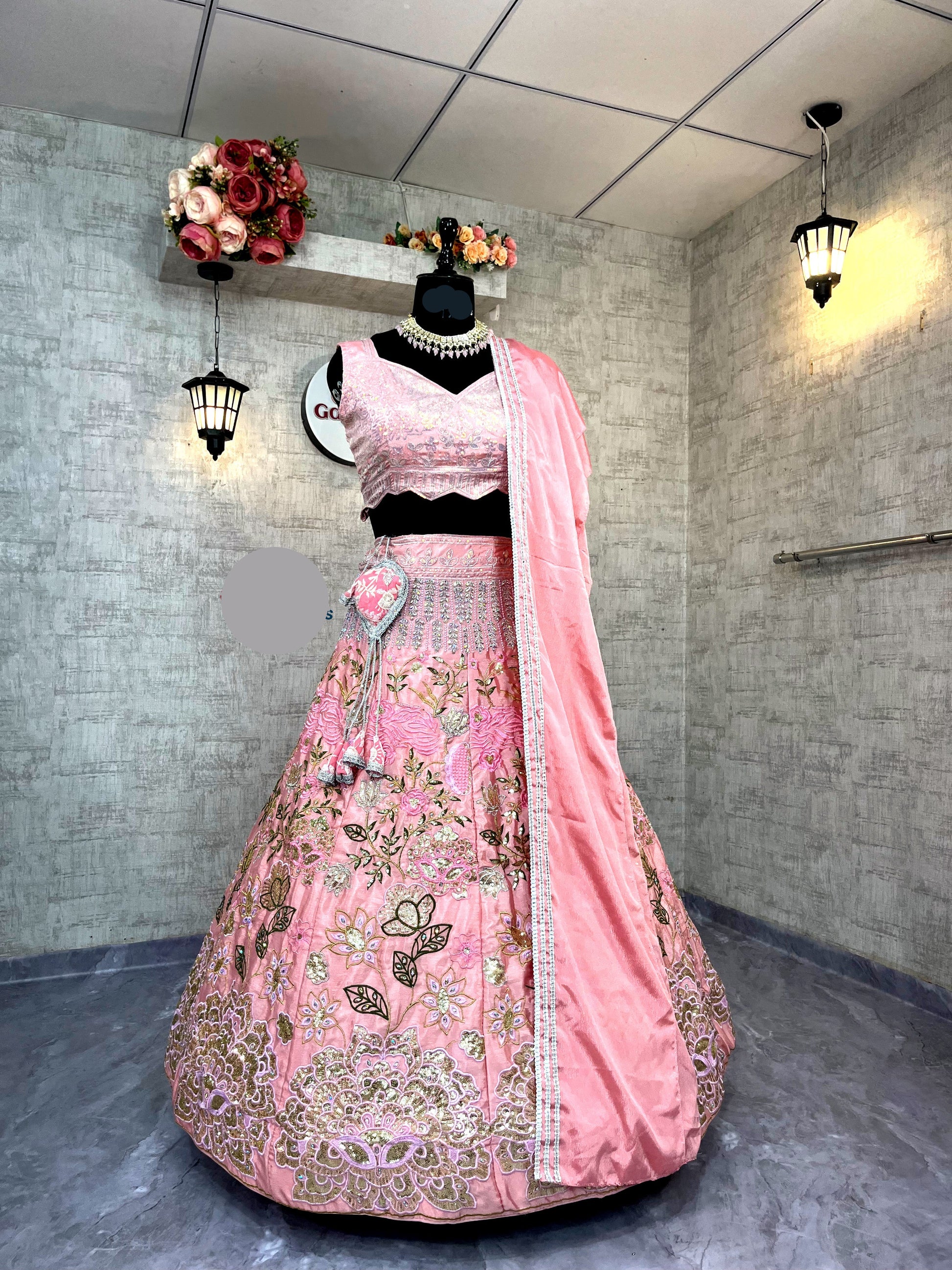 Heavy Chinon Silk Lehenga with Embroidery Sequins & Cut Work – Semi-Stitched Set