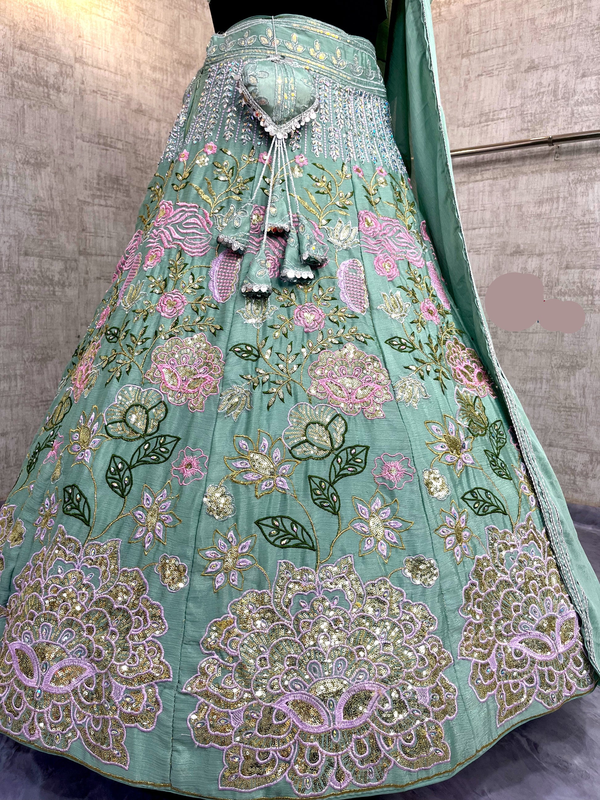 Heavy Chinon Silk  Lehenga with Embroidery Sequins & Cut Work – Semi-Stitched Set