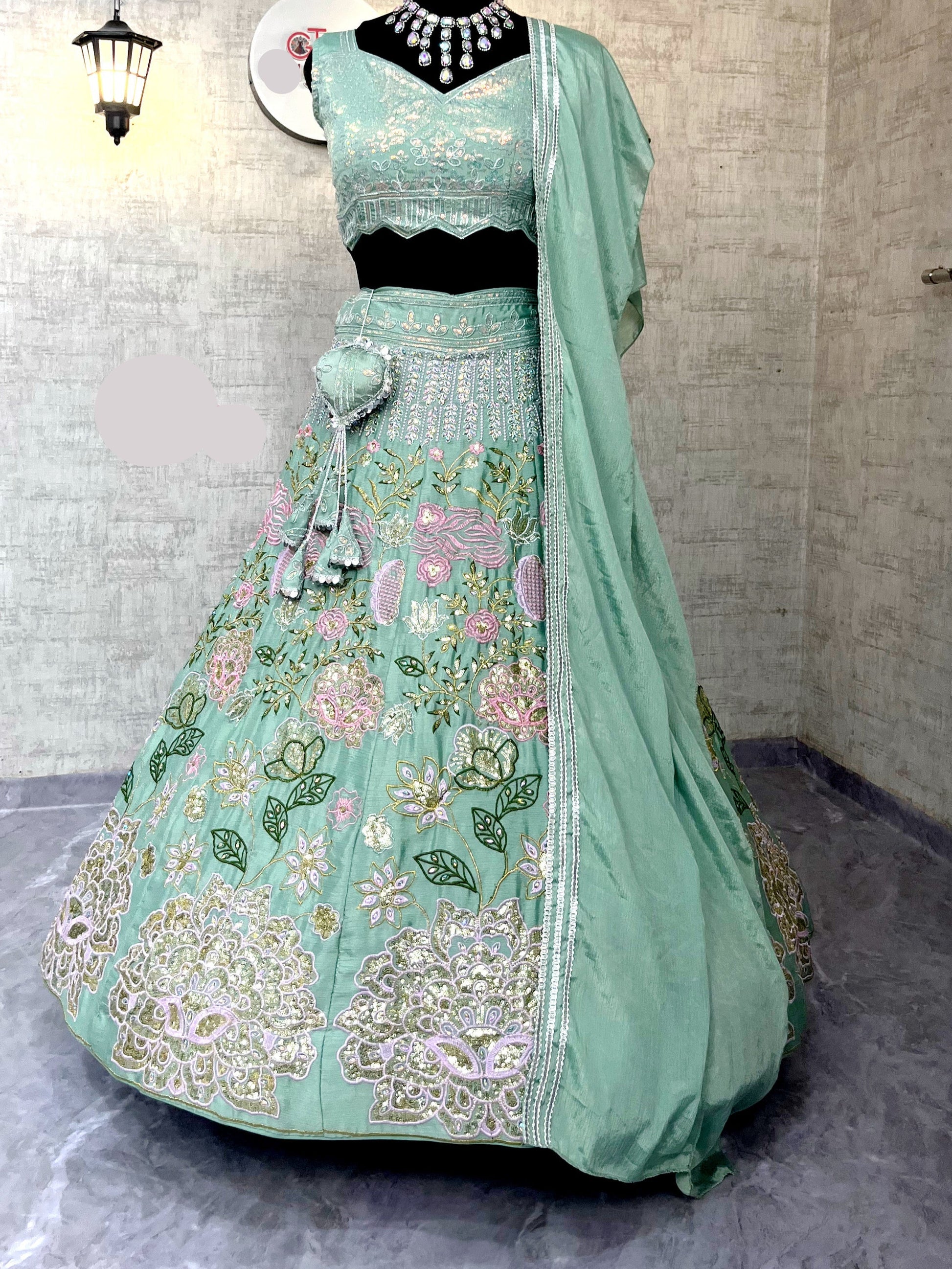 Heavy Chinon Silk  Lehenga with Embroidery Sequins & Cut Work – Semi-Stitched Set