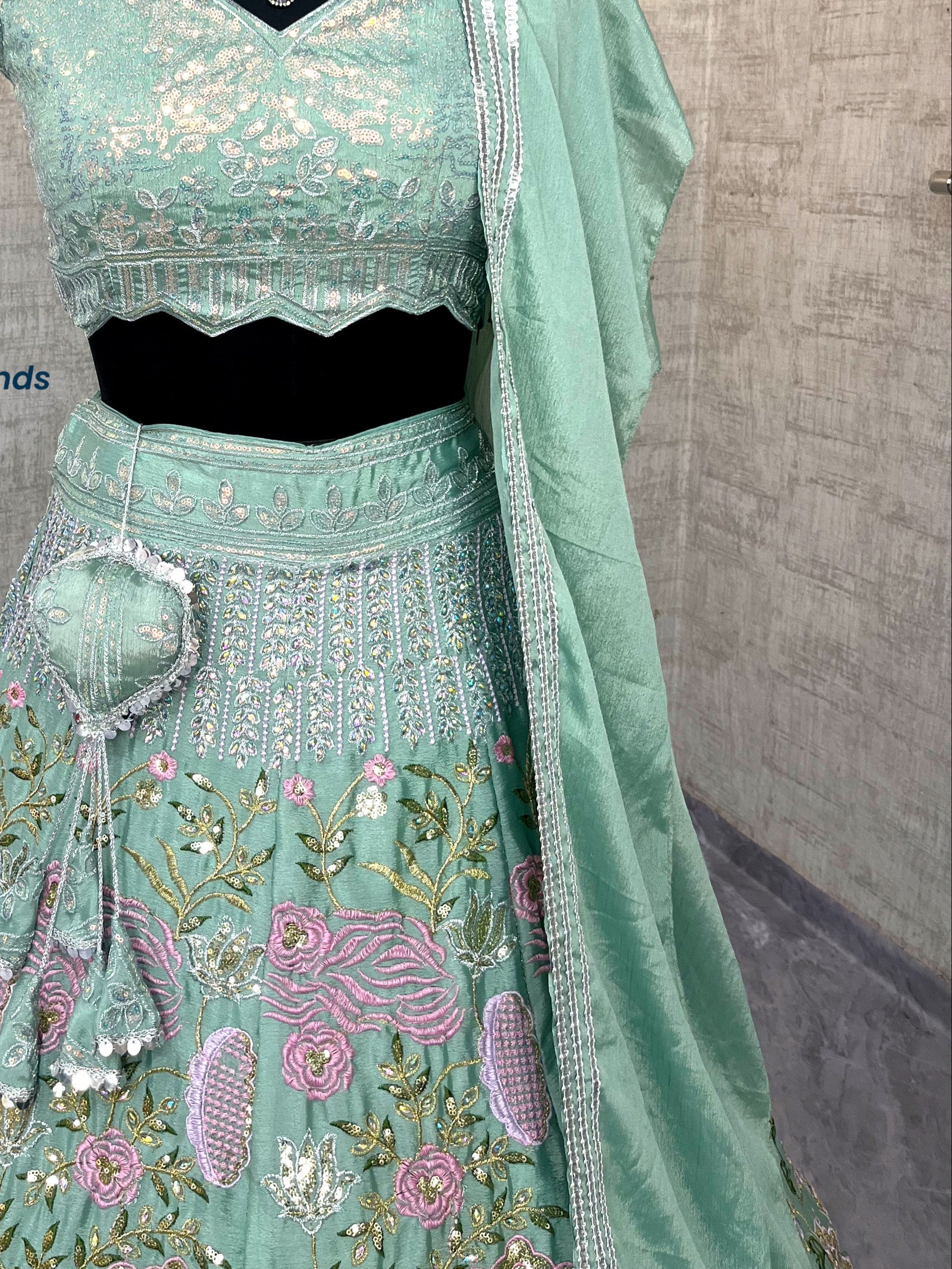 Heavy Chinon Silk  Lehenga with Embroidery Sequins & Cut Work – Semi-Stitched Set