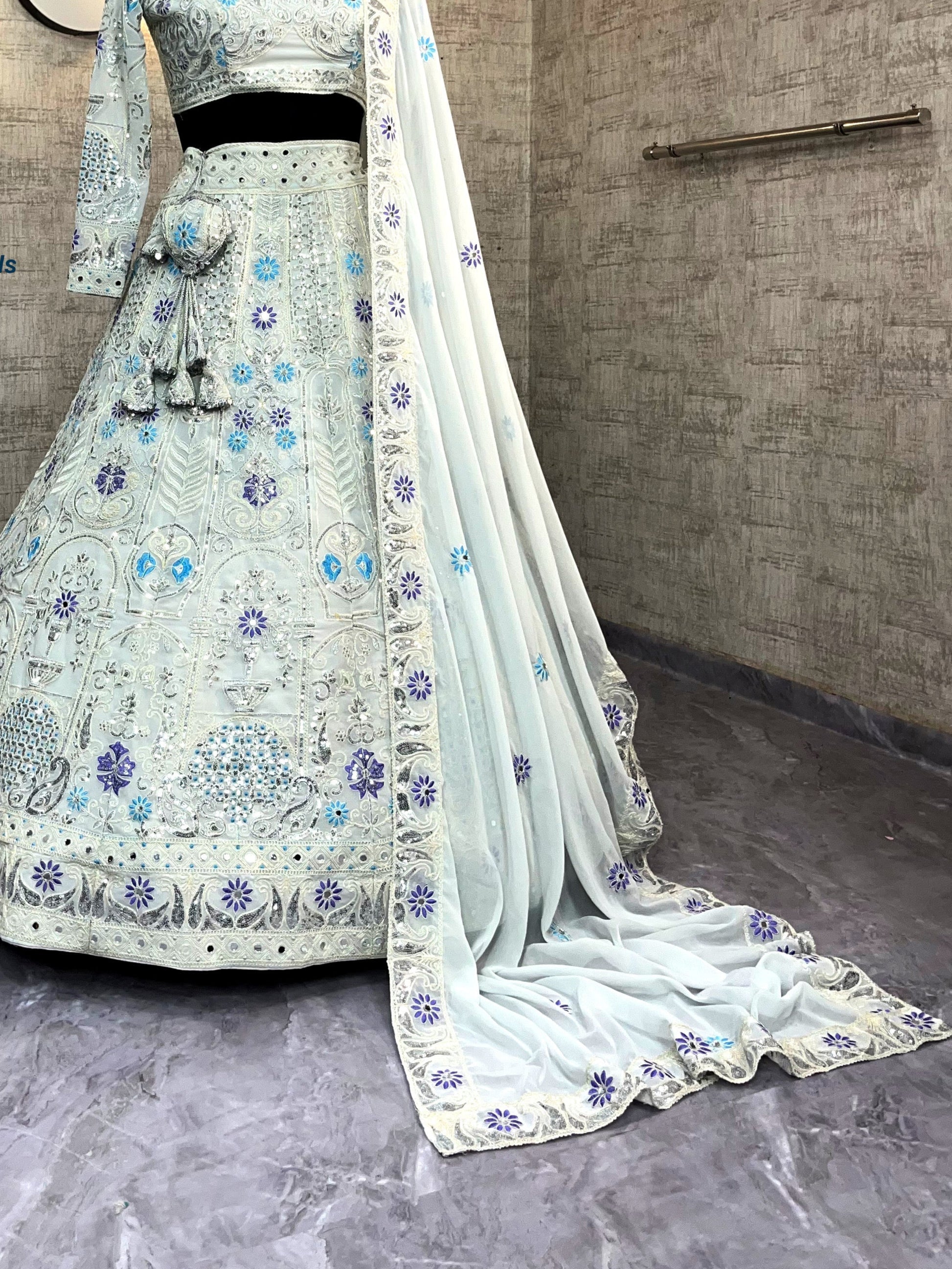 Faux Georgette Lehenga with Coding Sequins & Real Mirror Work – Semi-Stitched Set