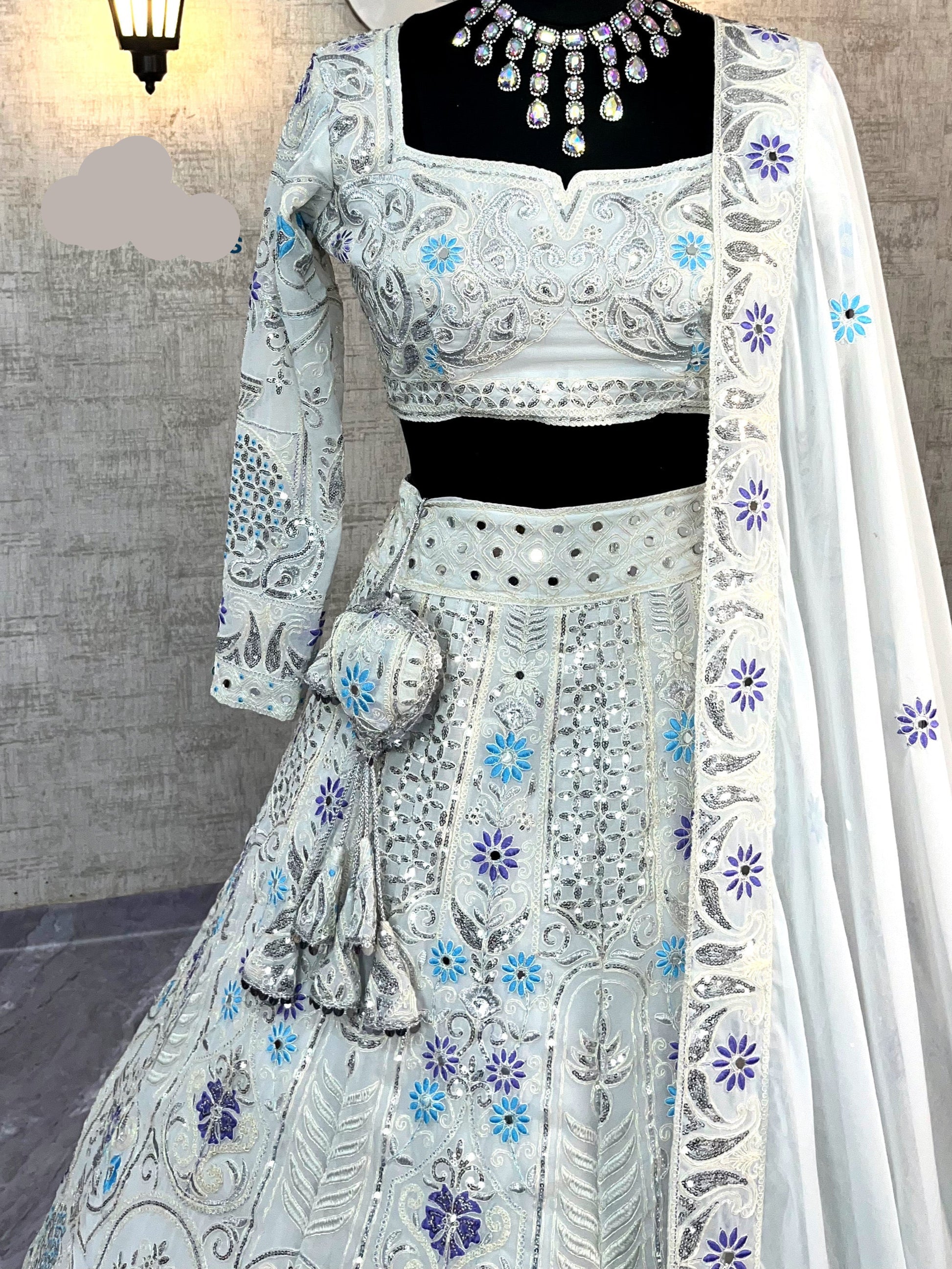 Faux Georgette Lehenga with Coding Sequins & Real Mirror Work – Semi-Stitched Set