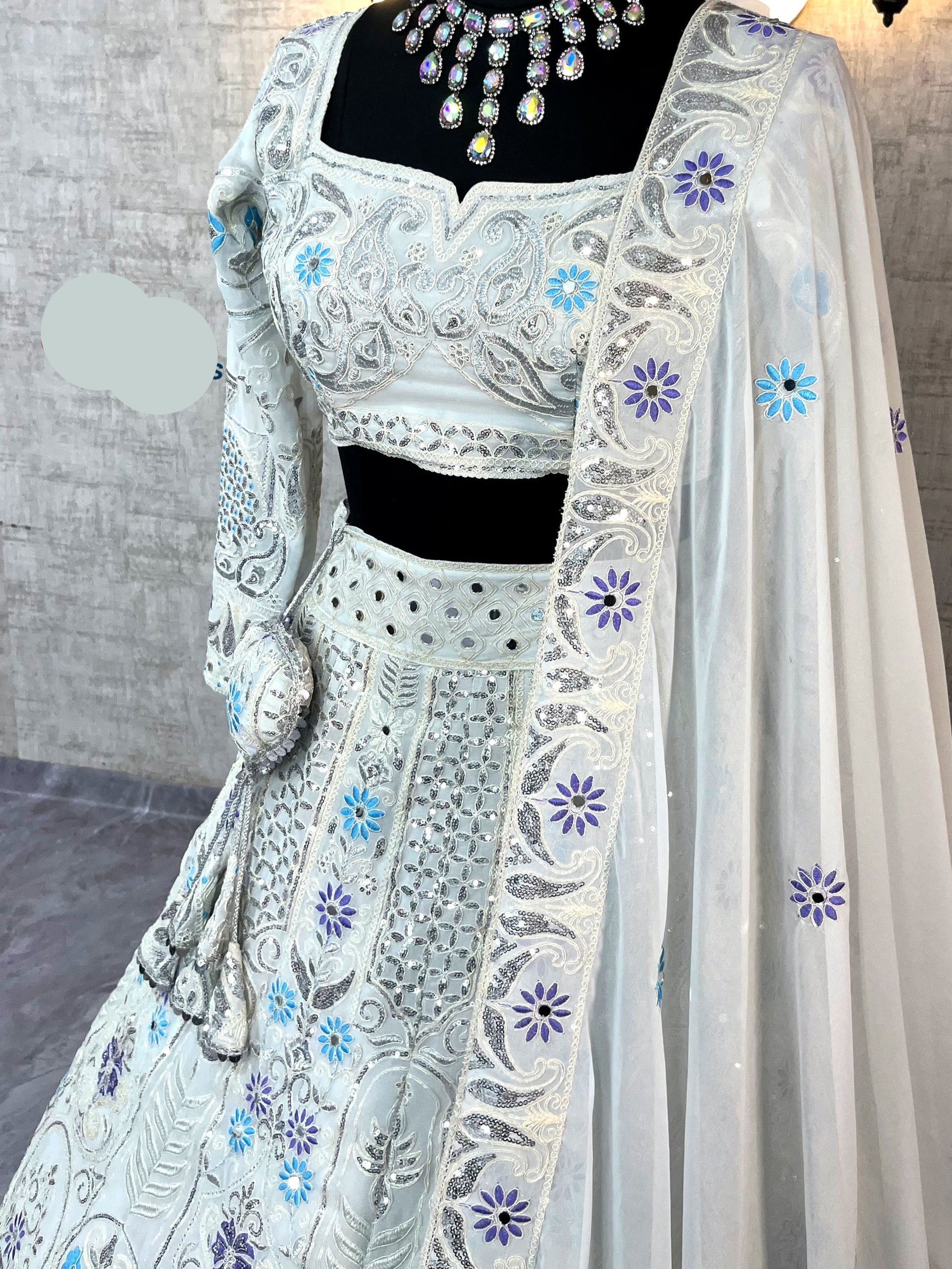 Faux Georgette Lehenga with Coding Sequins & Real Mirror Work – Semi-Stitched Set