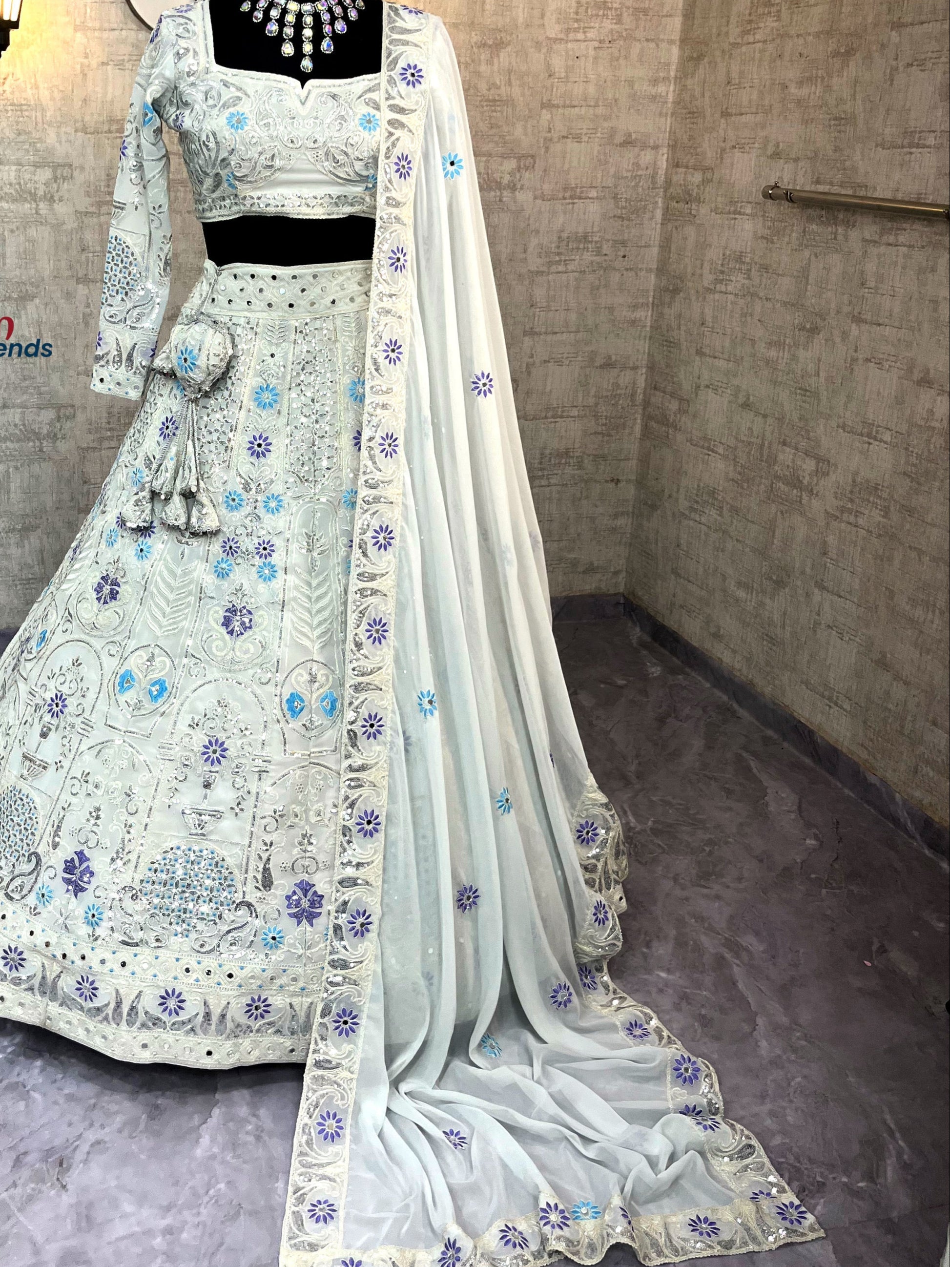 Faux Georgette Lehenga with Coding Sequins & Real Mirror Work – Semi-Stitched Set