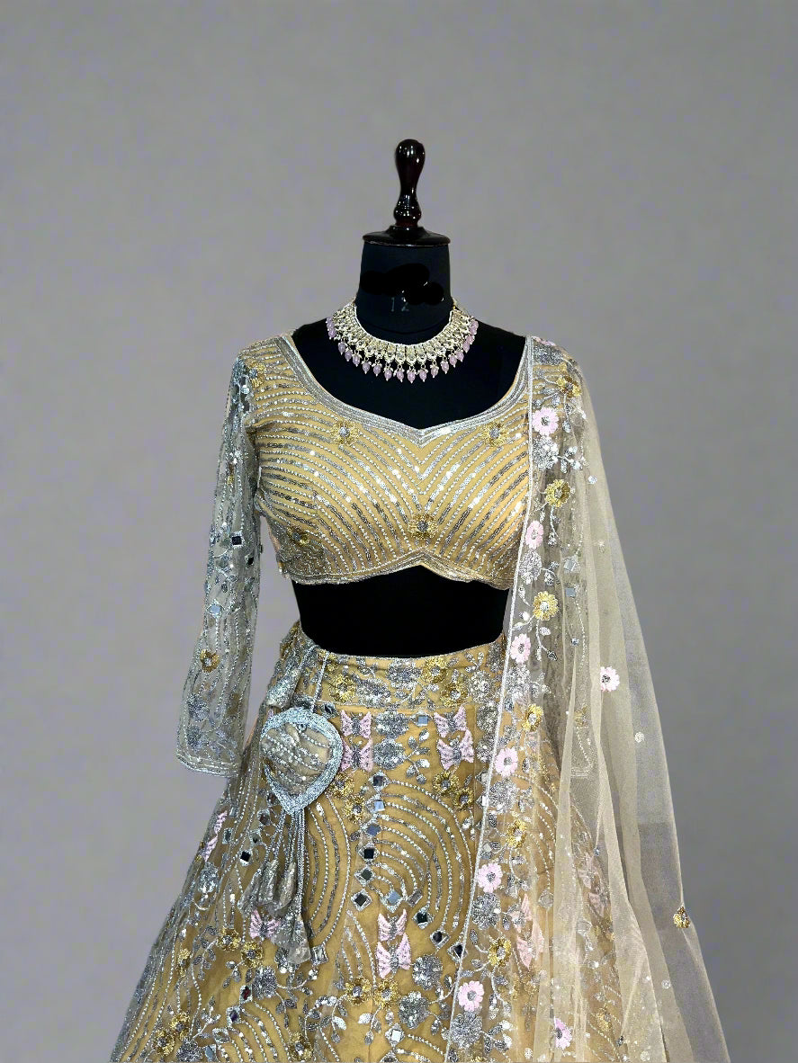 Soft Butterfly Net Lehenga with Real Mirror Embroidery Sequins Work – Semi-Stitched Set