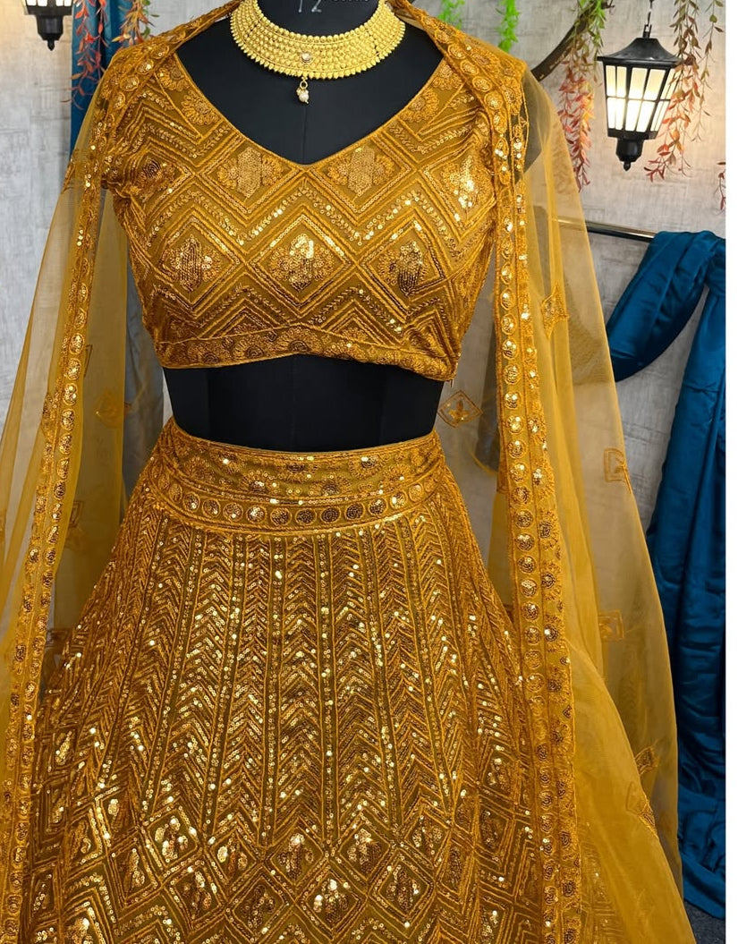 Yellow  Colour Soft Butterfly Net designer lehengas with blouse for wedding