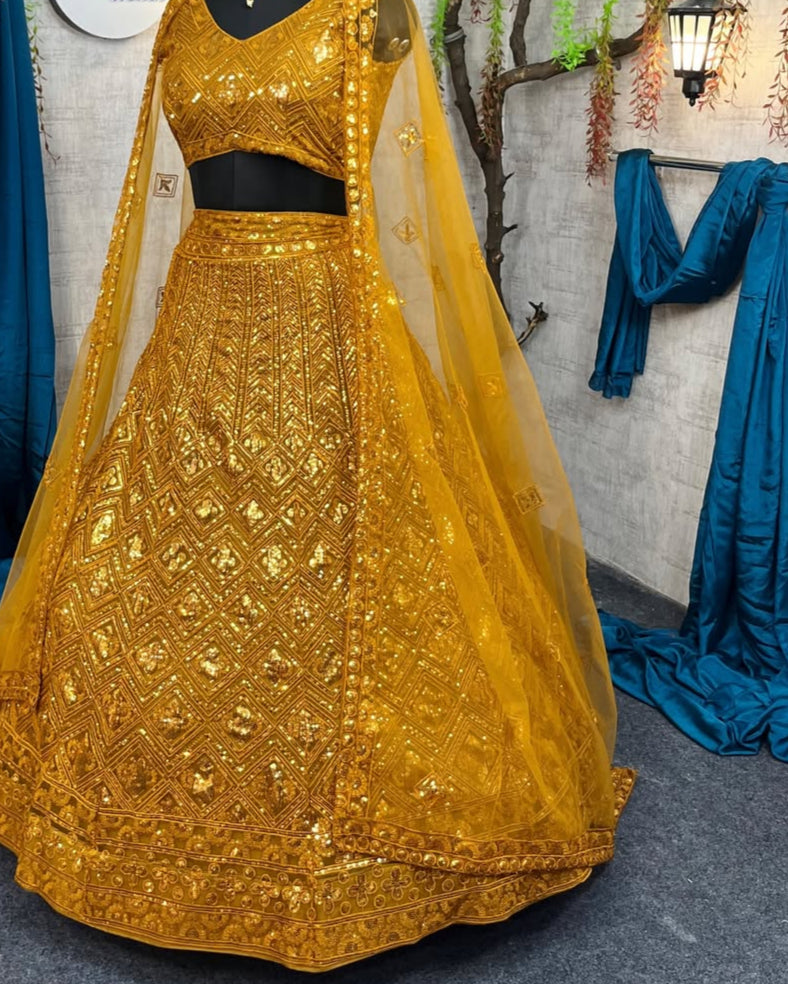 Yellow  Colour Soft Butterfly Net designer lehengas with blouse for wedding