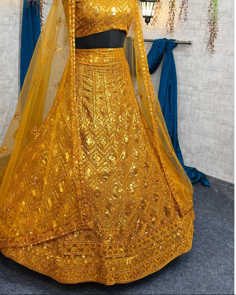 Yellow  Colour Soft Butterfly Net designer lehengas with blouse for wedding