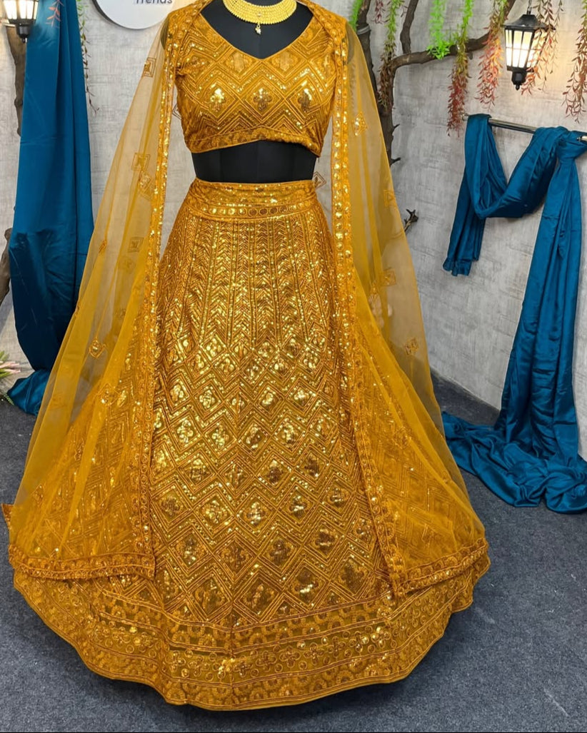 Yellow  Colour Soft Butterfly Net designer lehengas with blouse for wedding