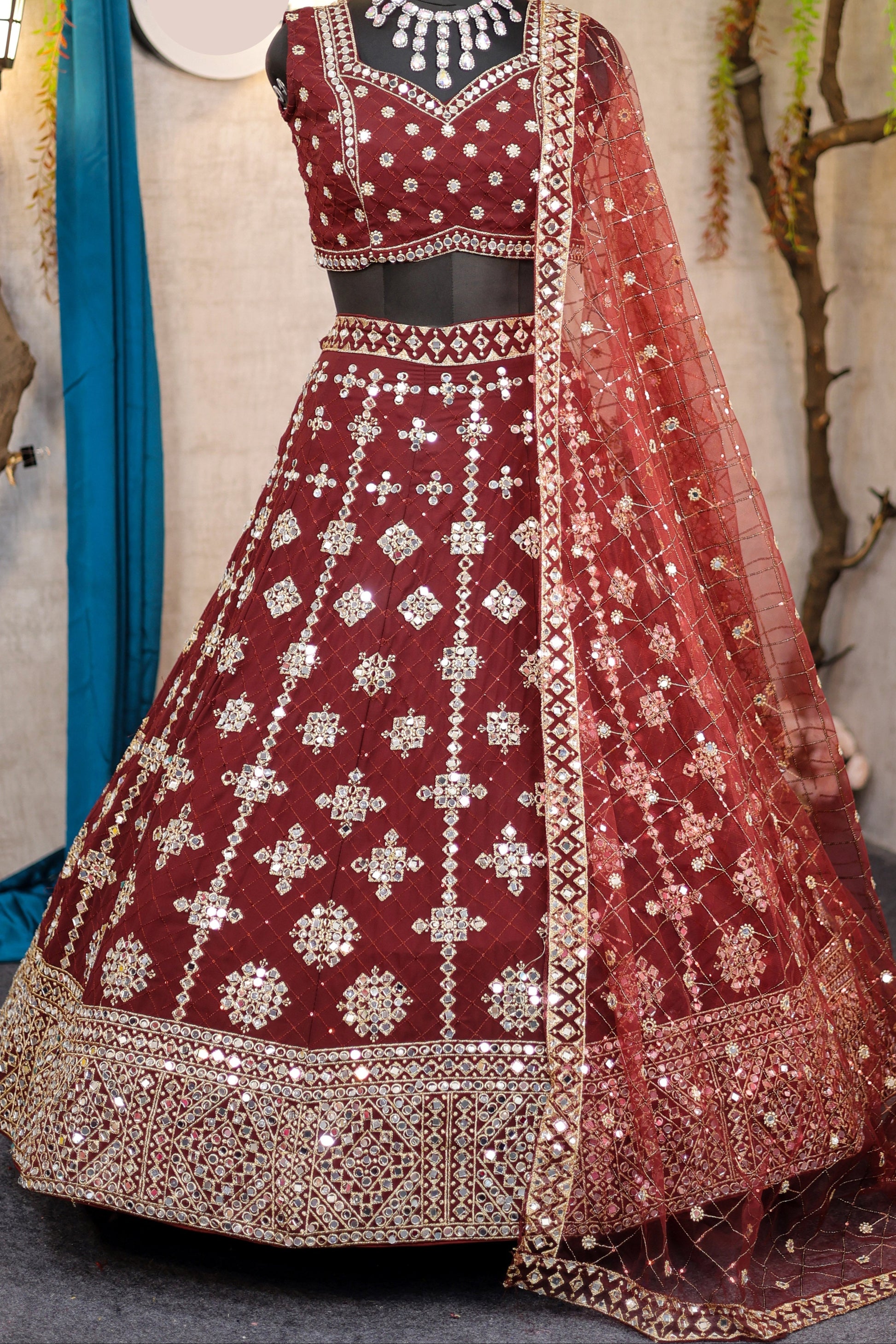 Wine colour mirror Work with Can-Can and designer blouse Festive look lehenga