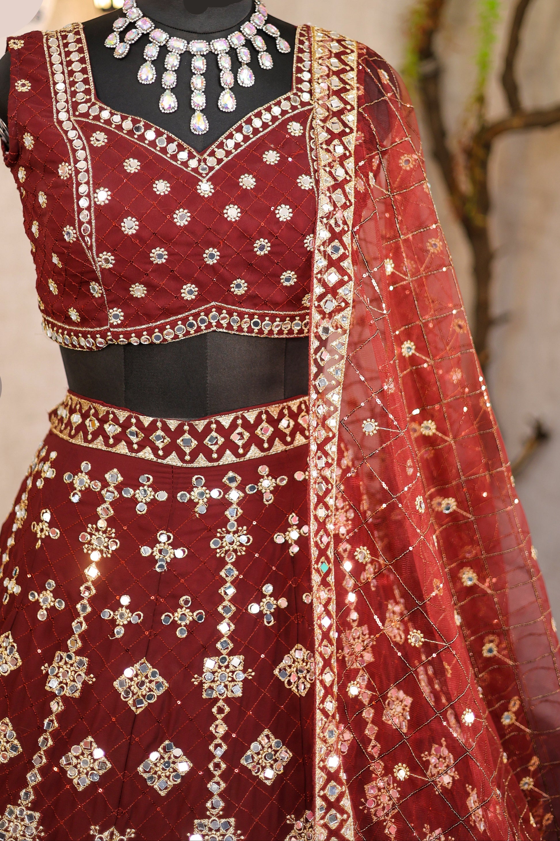 Wine colour mirror Work with Can-Can and designer blouse Festive look lehenga