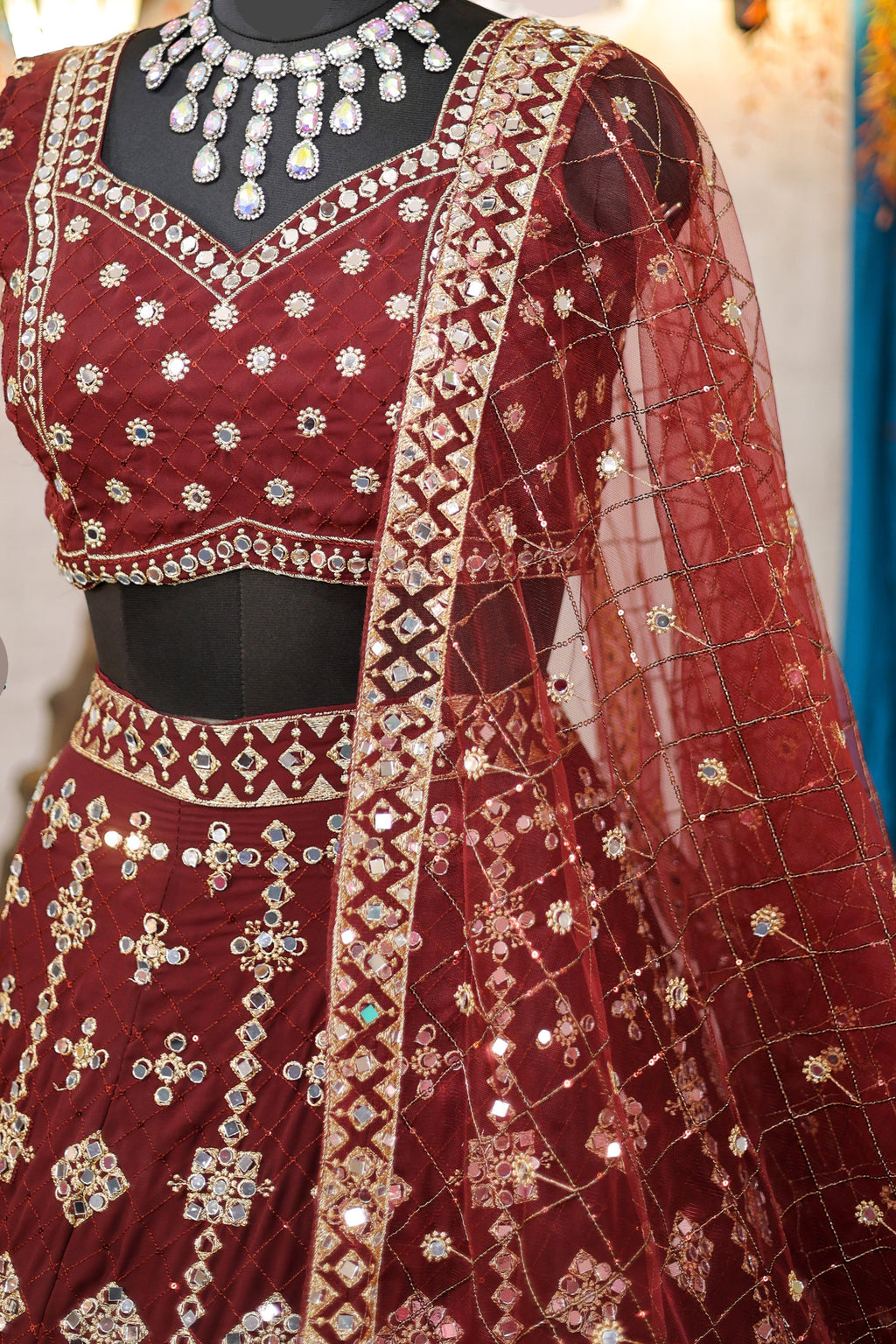 Wine colour mirror Work with Can-Can and designer blouse Festive look lehenga