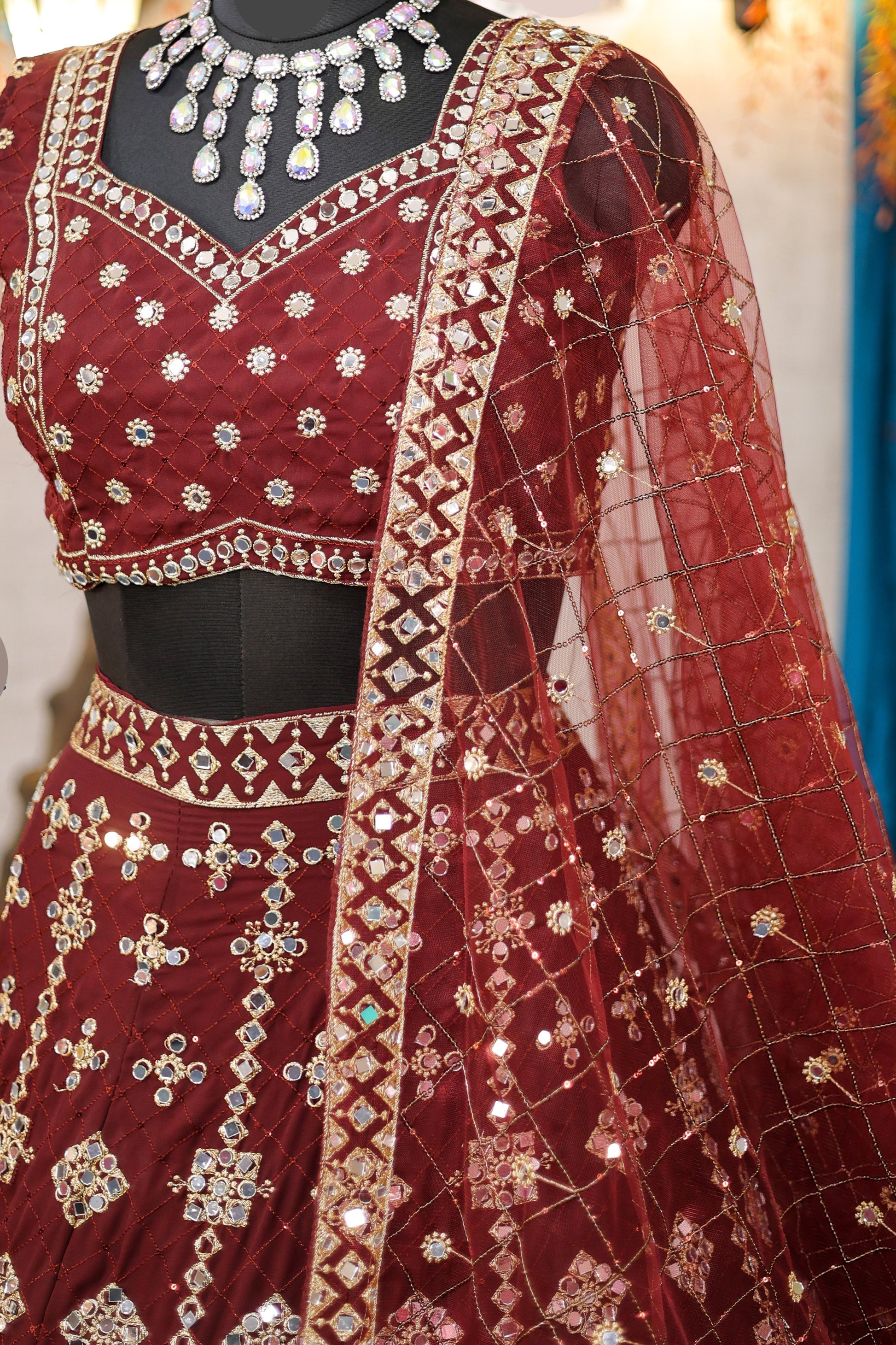 Wine colour mirror Work with Can-Can and designer blouse Festive look lehenga