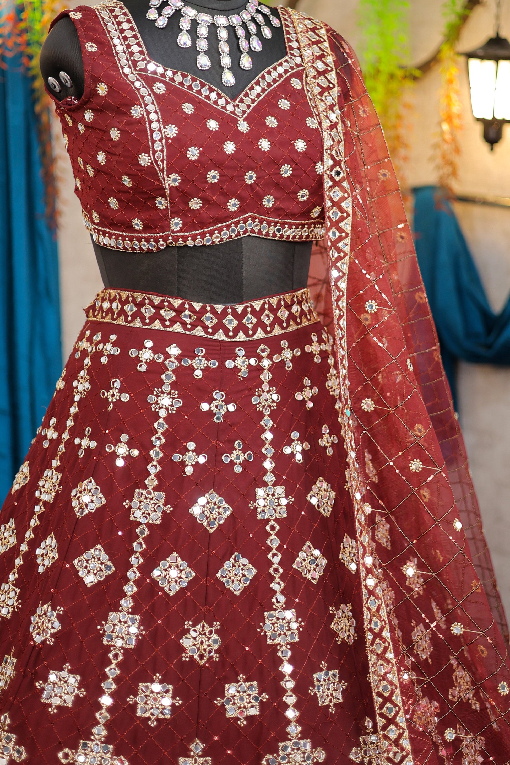 Wine colour mirror Work with Can-Can and designer blouse Festive look lehenga