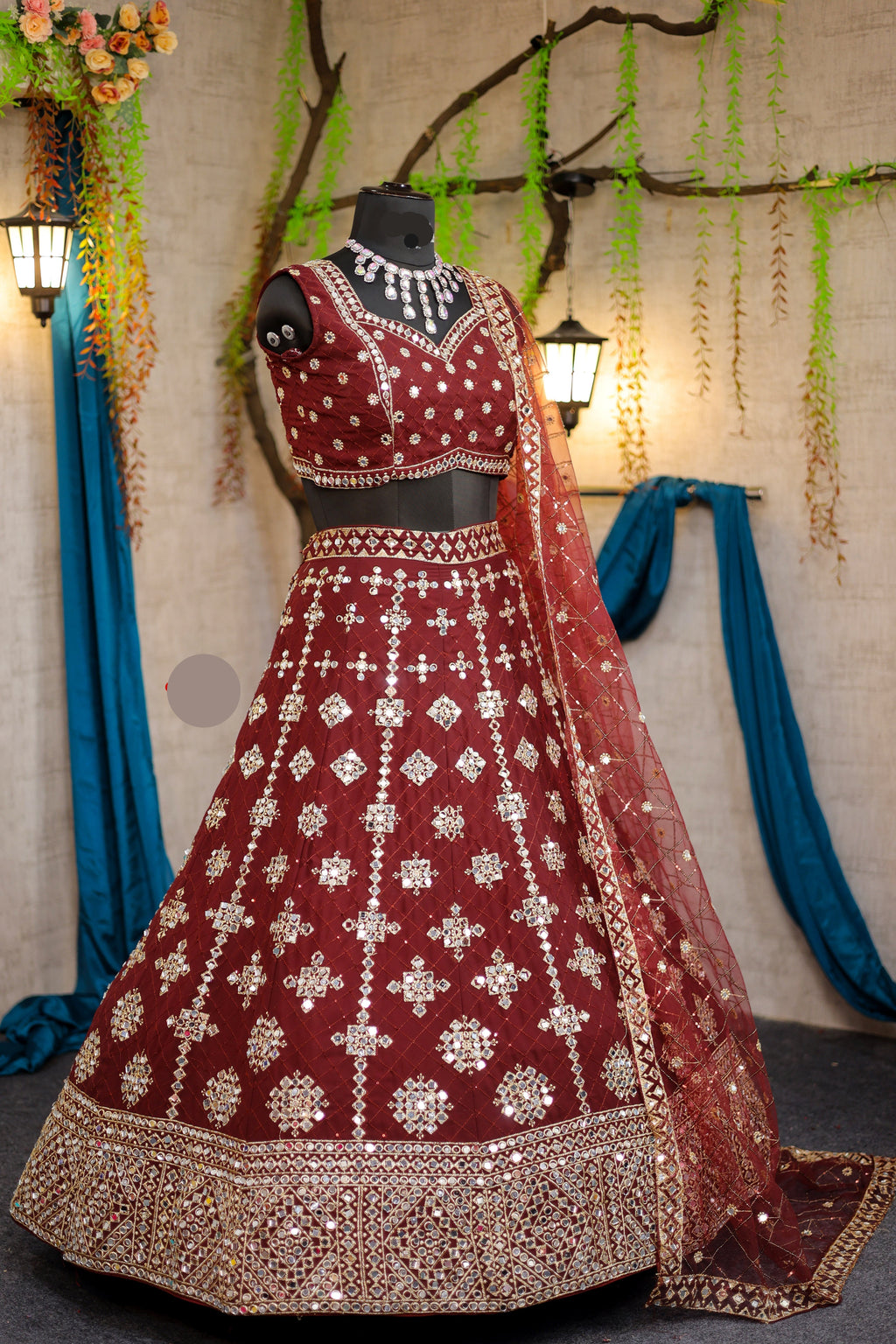 Wine colour mirror Work with Can-Can and designer blouse Festive look lehenga