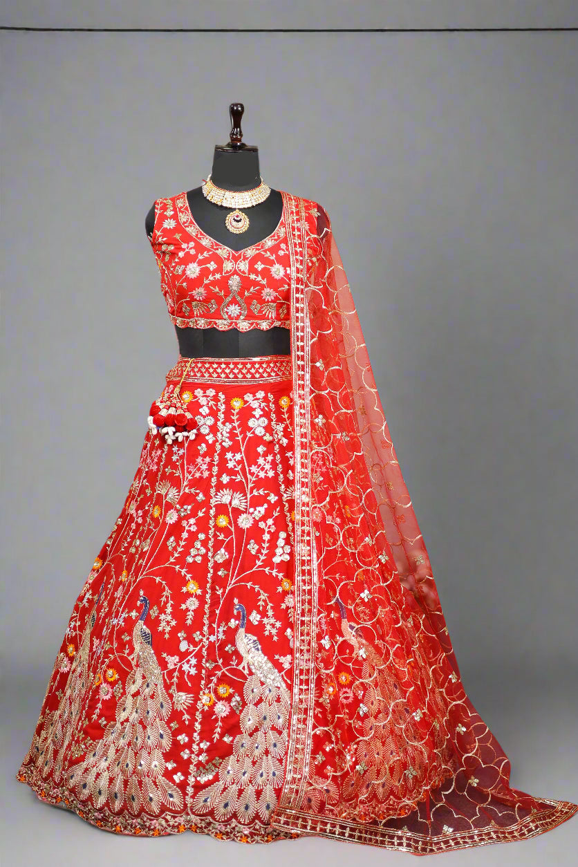 Red Premium Faux Georgette Lehenga with Sequins Embroidery Work  & Designer Blouse – Perfect for Weddings & Festive Glamour