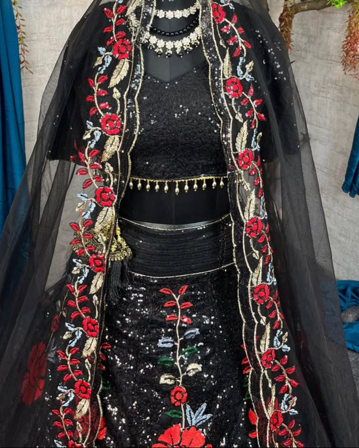 Trendy black Soft Mono Net lehenga with Embroidered Work With Cancan  and designer blouse