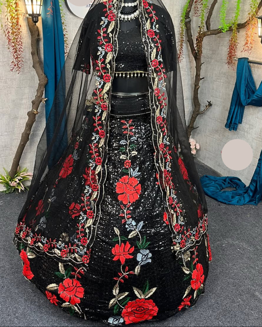 Trendy black Soft Mono Net lehenga with Embroidered Work With Cancan  and designer blouse