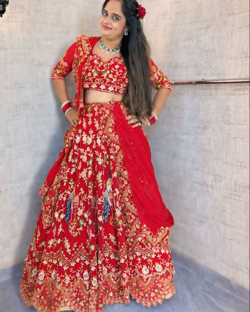Red  Premium Faux Georgette  Lehenga Choli with  Designer Blouse – Perfect for Weddings & Festive Glamour