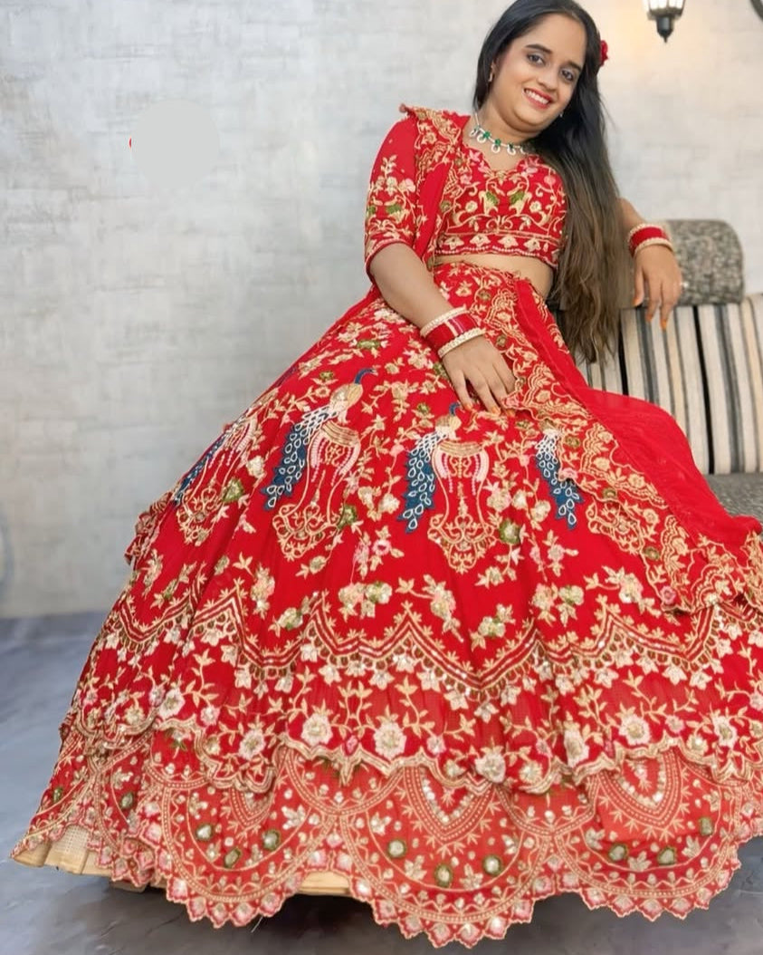 Red  Premium Faux Georgette  Lehenga Choli with  Designer Blouse – Perfect for Weddings & Festive Glamour