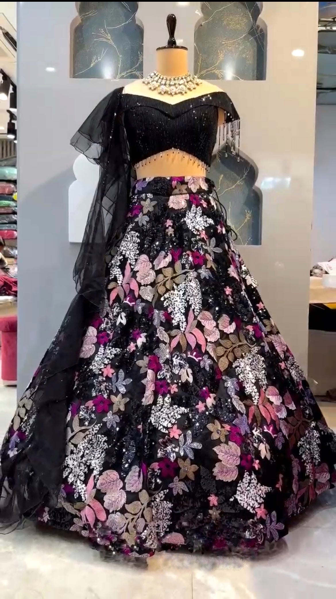 Black Sequin Embroidered Floral Lehenga with Off-Shoulder Blouse and Dupatta