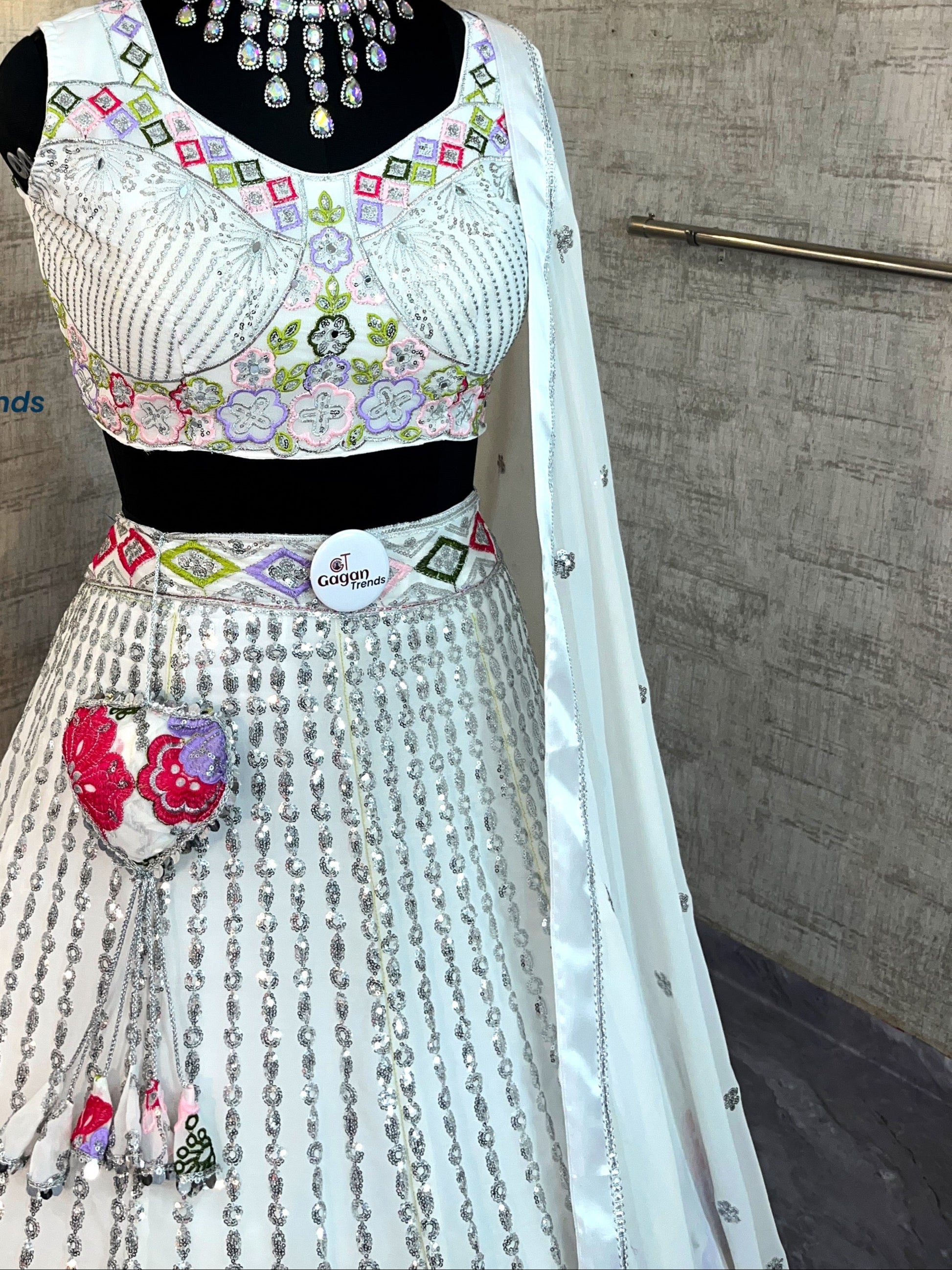 Graceful Glam: Embroidered Fox Georgette Lehenga Set with Mirror Work