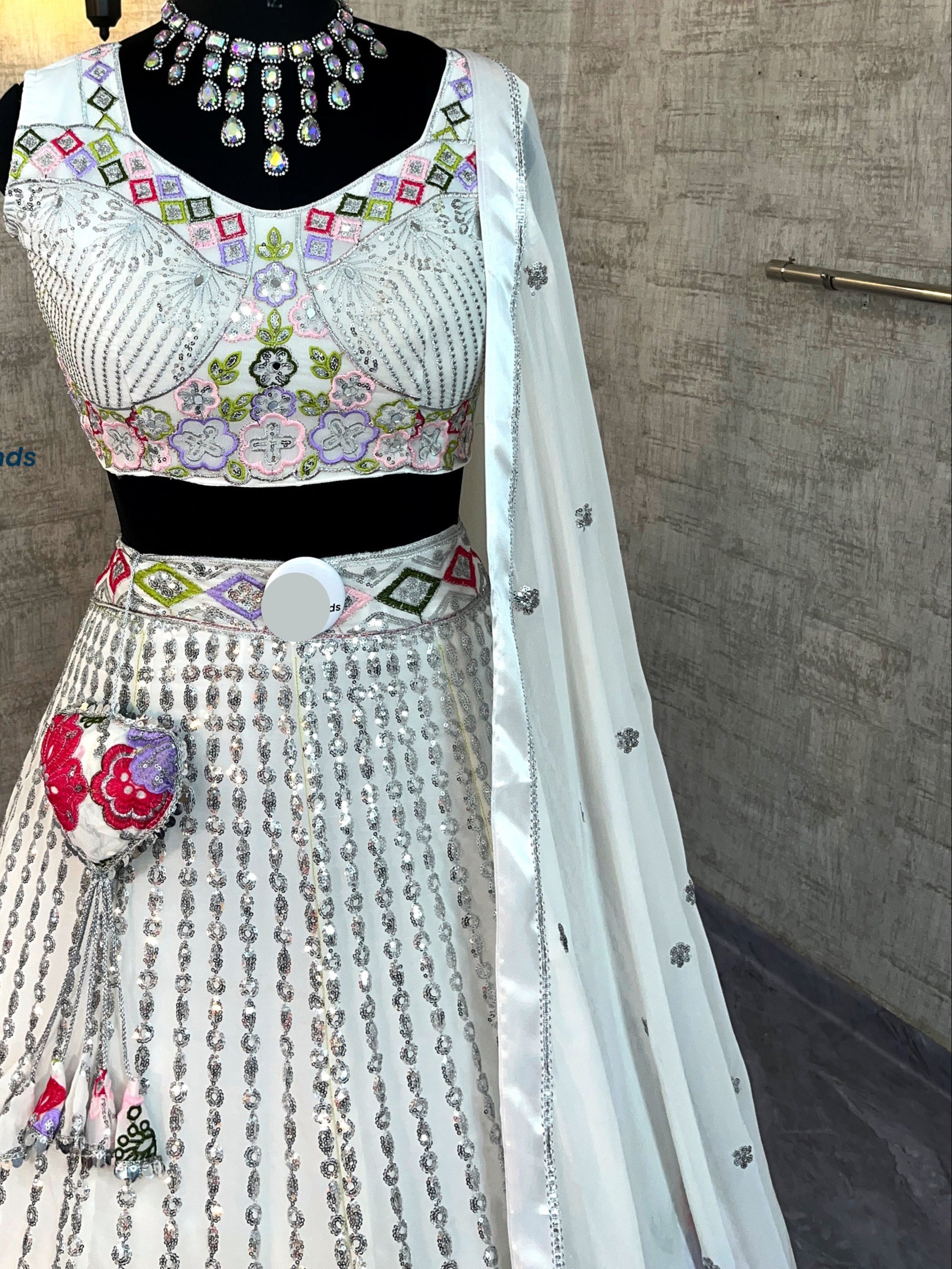 Graceful Glam: Embroidered Fox Georgette Lehenga Set with Mirror Work