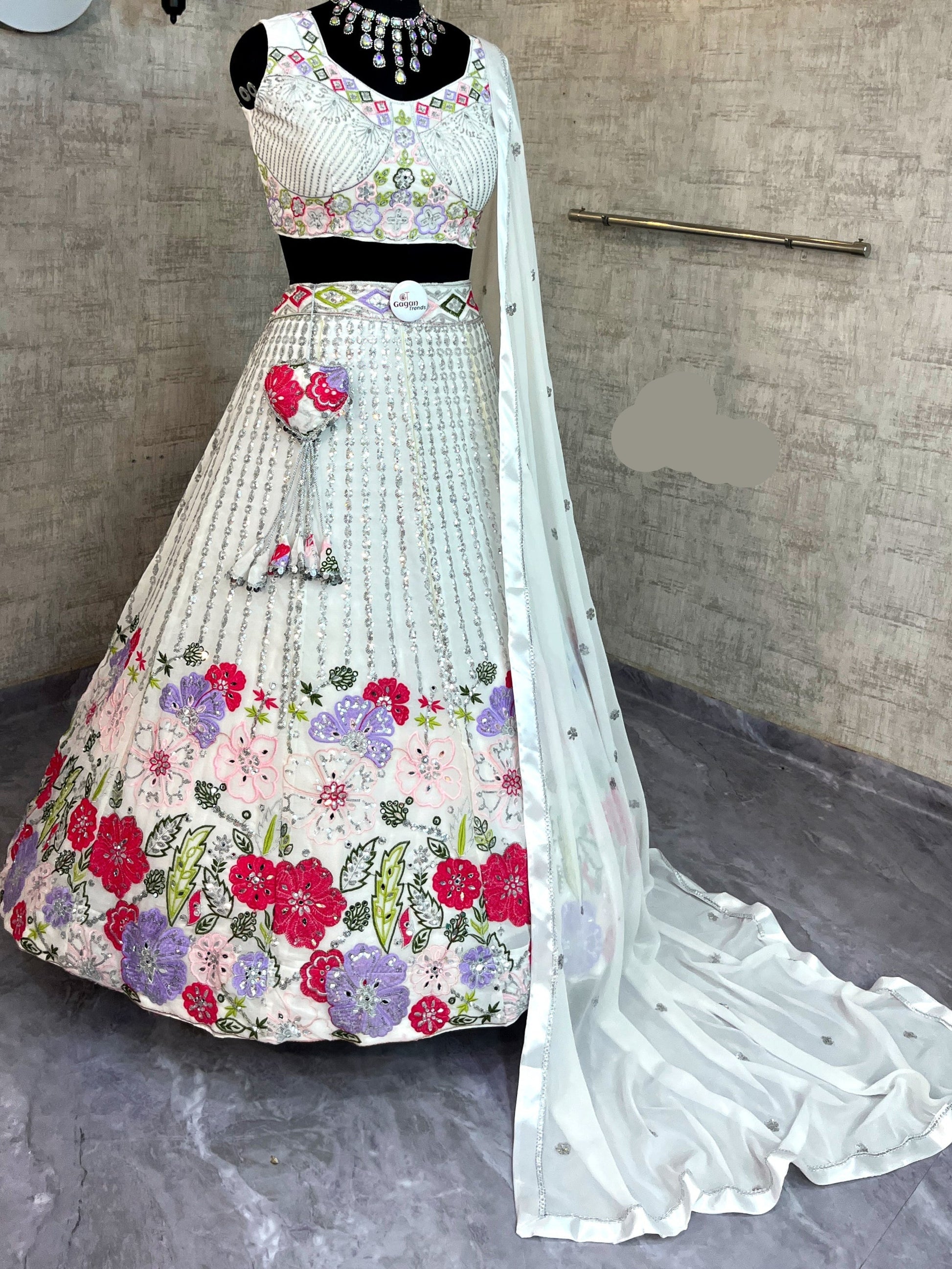 Graceful Glam: Embroidered Fox Georgette Lehenga Set with Mirror Work