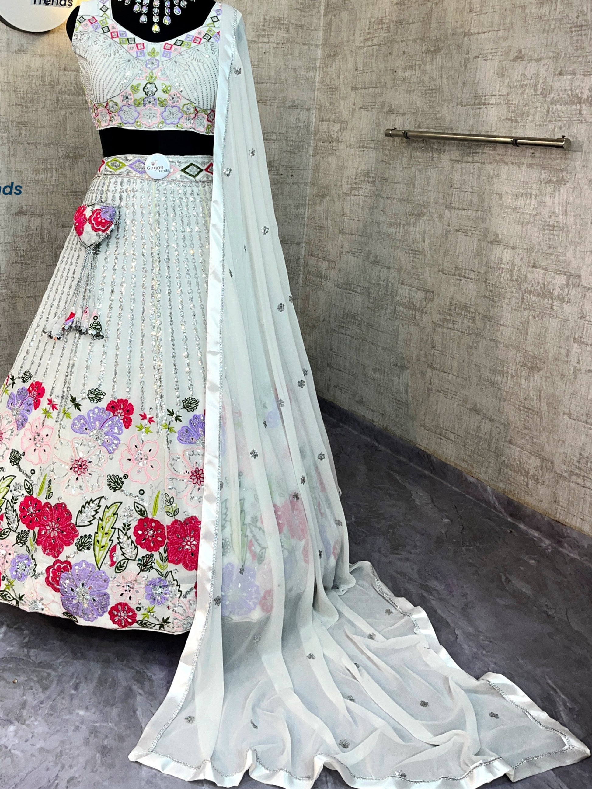 Graceful Glam: Embroidered Fox Georgette Lehenga Set with Mirror Work