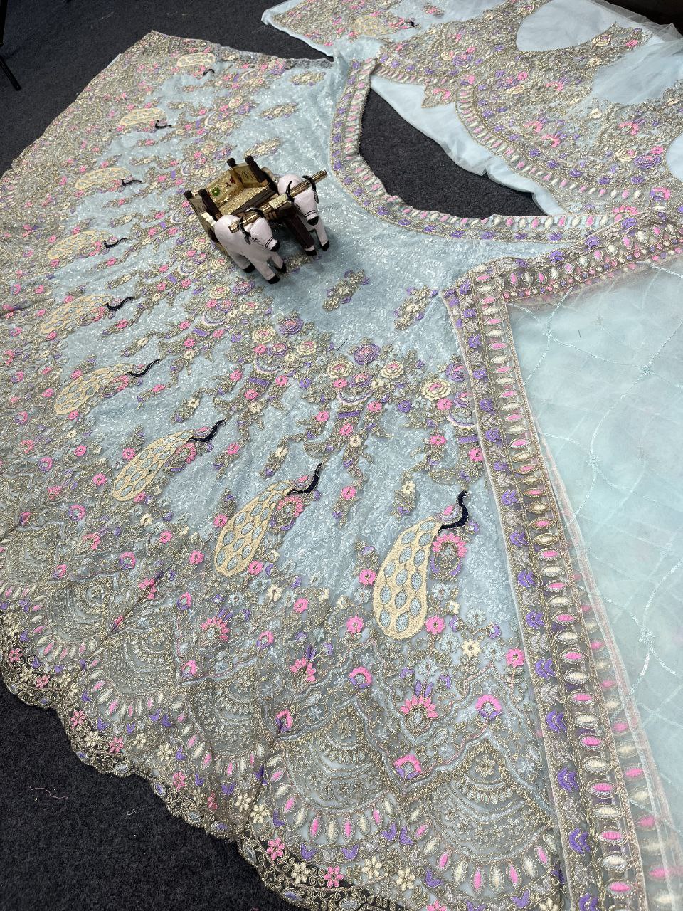 Pastel Blue Butterfly Net Lehenga with Coding Sequins Embroidery | Length 42 | Blouse up to 3XL