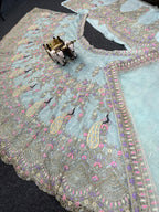Pastel Blue Butterfly Net Lehenga with Coding Sequins Embroidery | Length 42 | Blouse up to 3XL