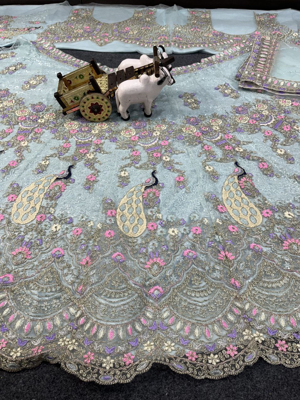 Pastel Blue Butterfly Net Lehenga with Coding Sequins Embroidery | Length 42 | Blouse up to 3XL