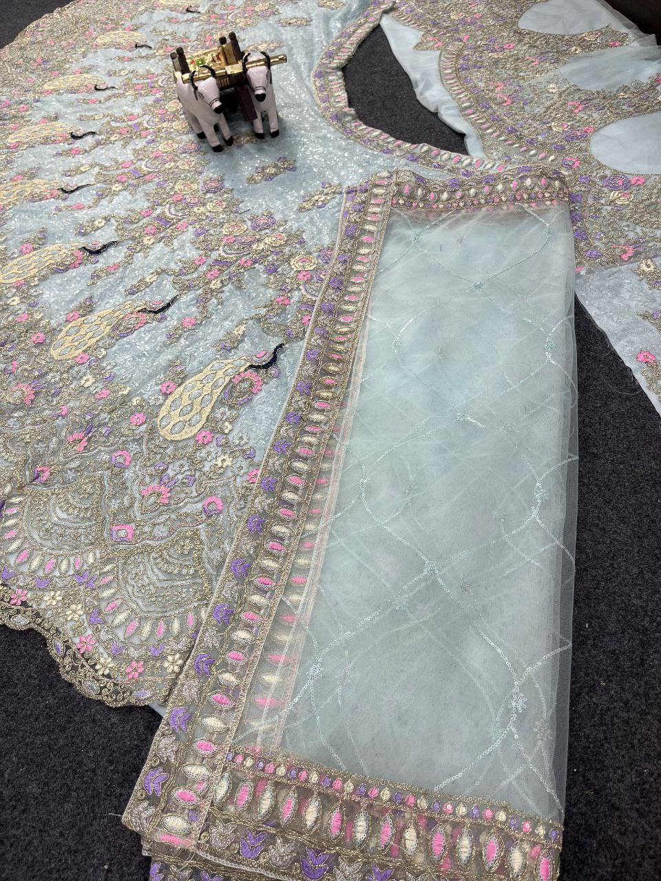 Pastel Blue Butterfly Net Lehenga with Coding Sequins Embroidery | Length 42 | Blouse up to 3XL