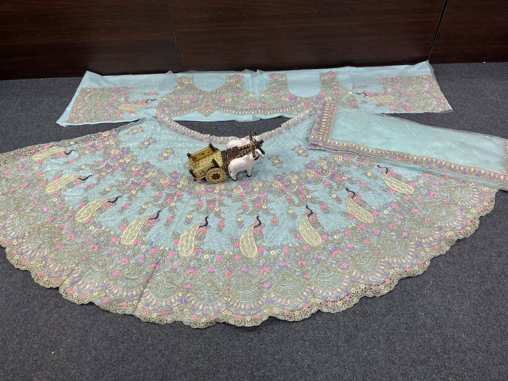 Pastel Blue Butterfly Net Lehenga with Coding Sequins Embroidery | Length 42 | Blouse up to 3XL