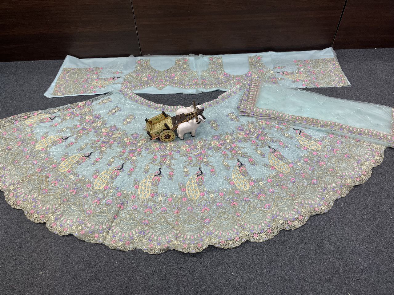 Pastel Blue Butterfly Net Lehenga with Coding Sequins Embroidery | Length 42 | Blouse up to 3XL