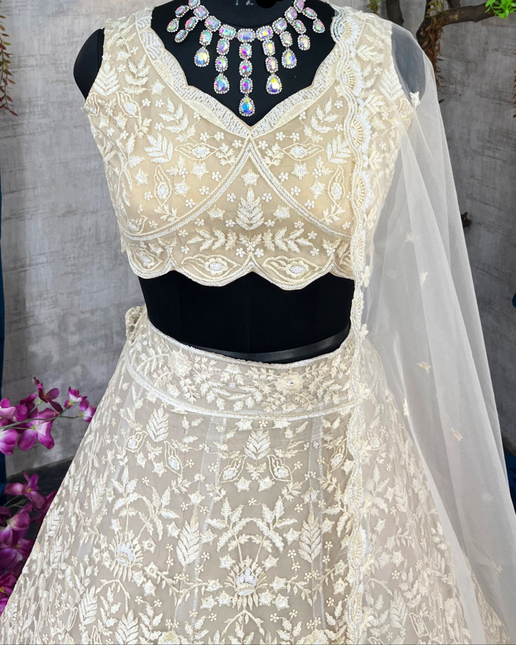 Traditional White Embroidered Lehenga Choli with Blouse