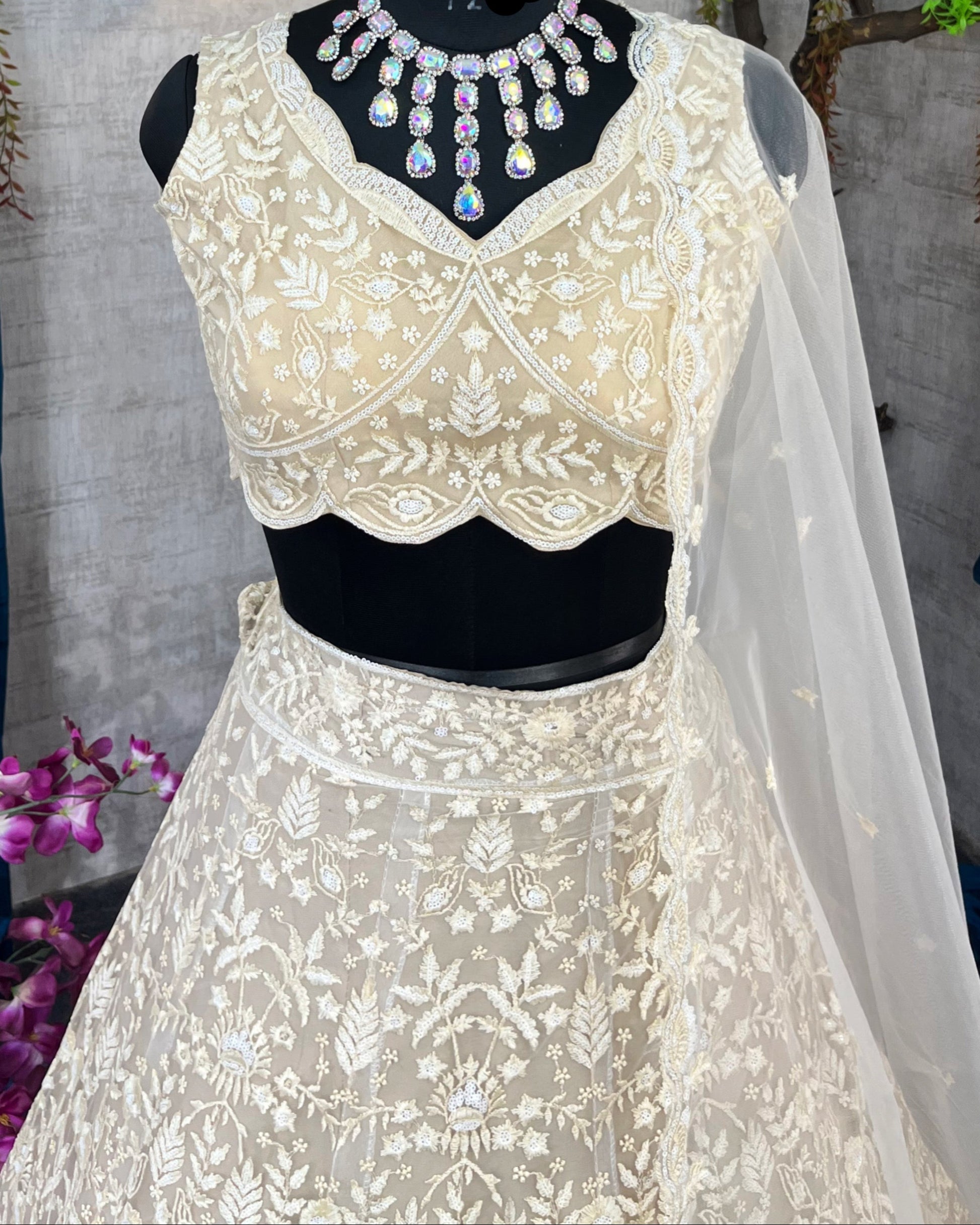 Traditional White Embroidered Lehenga Choli with Blouse