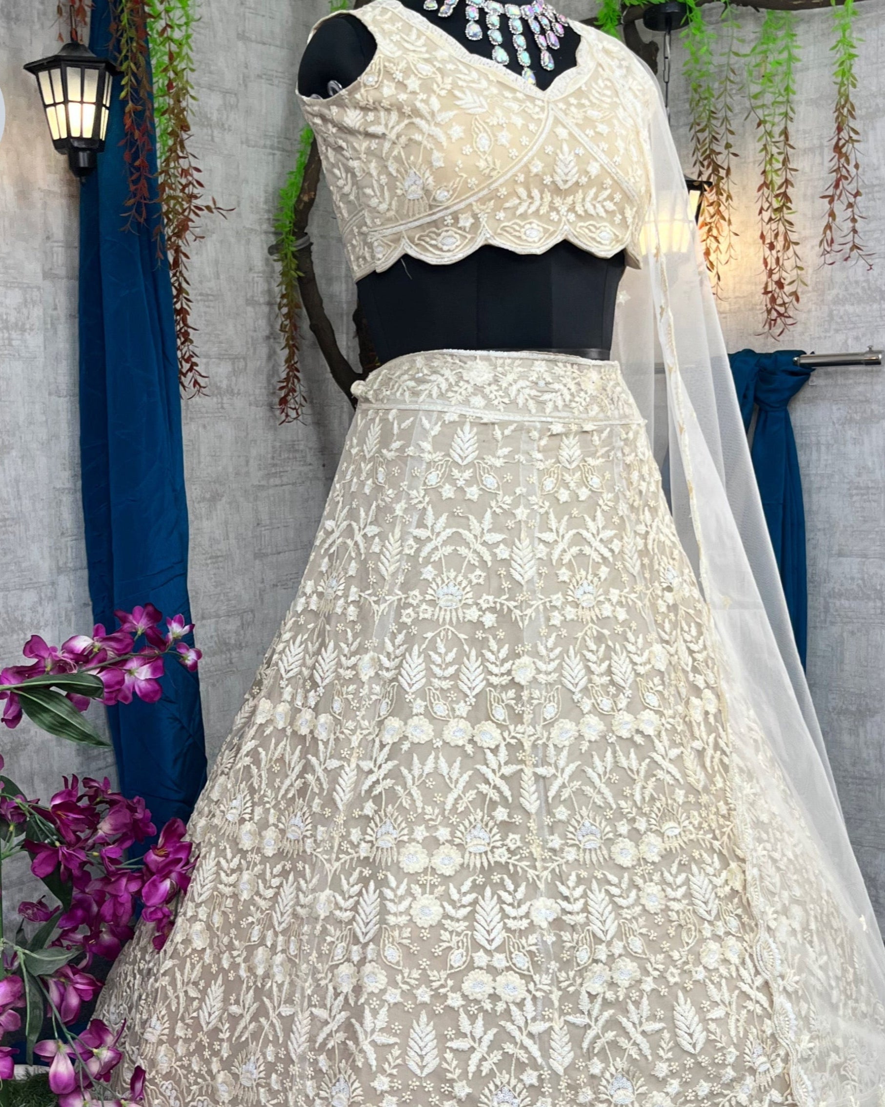 Traditional White Embroidered Lehenga Choli with Blouse