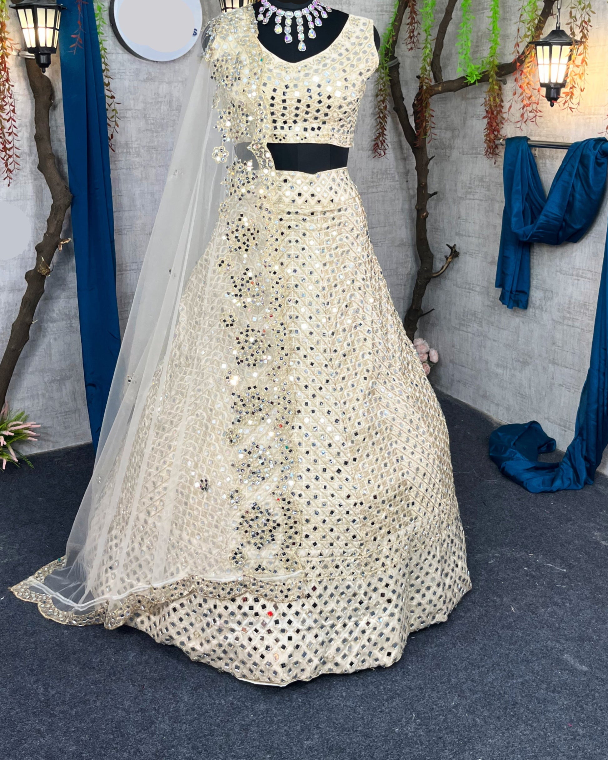 White colour lehenga with mirror work and attarctive lahenga with blouse