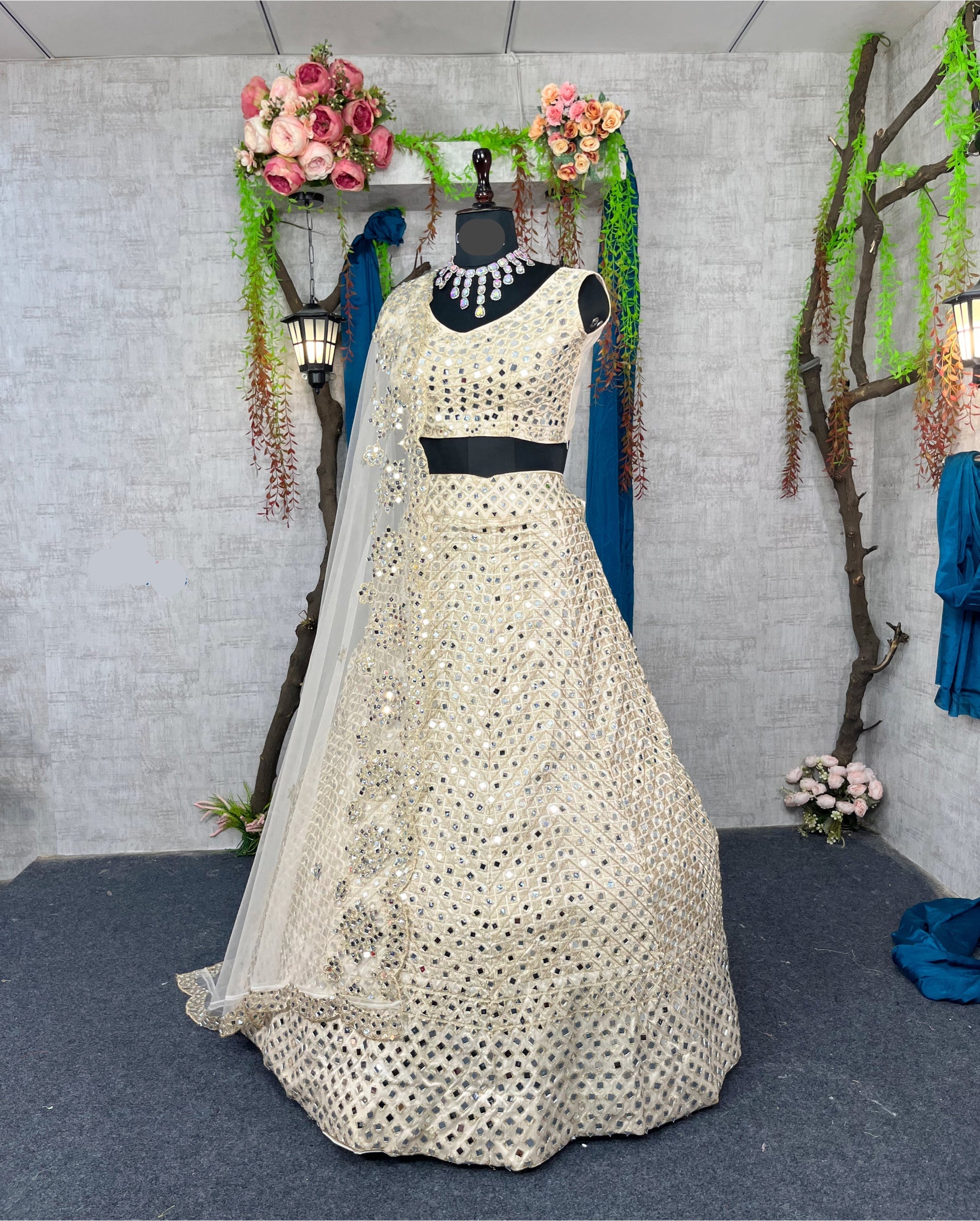 White colour lehenga with mirror work and attarctive lahenga with blouse