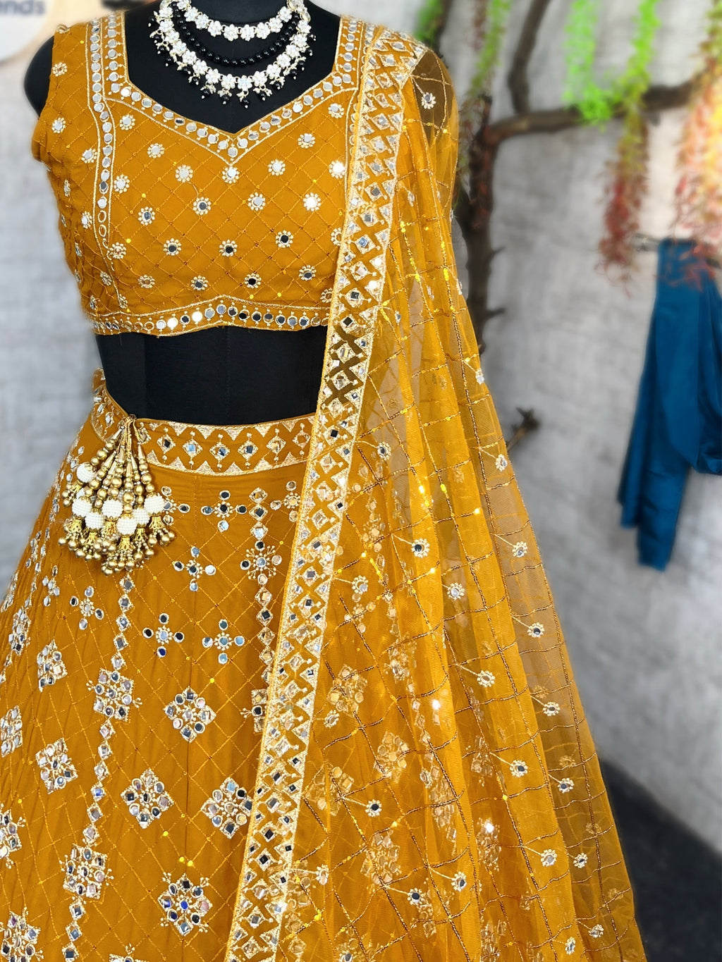 Yellow colour mirror Work with Can-Can and designer blouse Festive look lehenga
